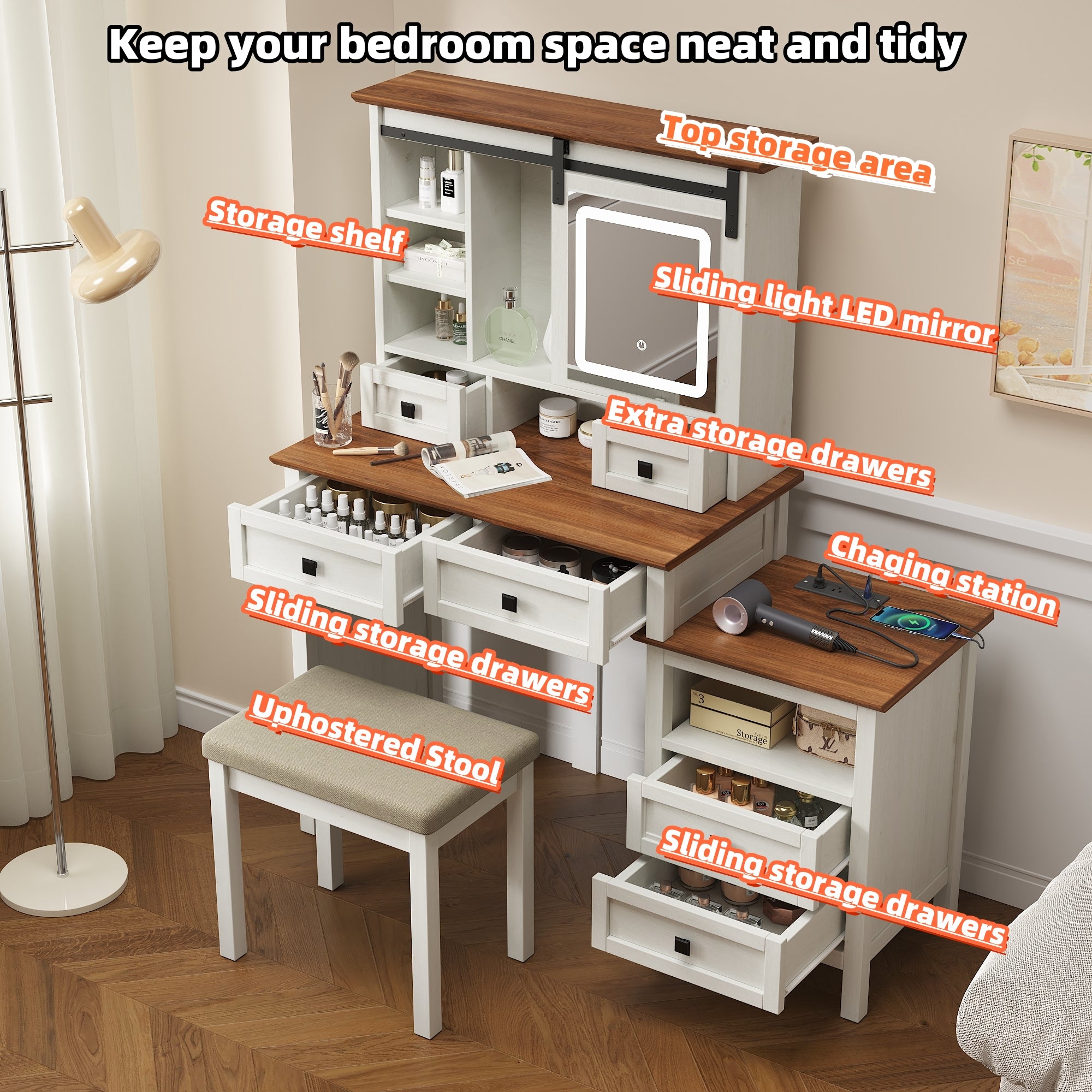 Coiffeuse de 46,5 pouces avec miroir à éclairage LED réglable et station de charge, équipée d'un tabouret rembourré moelleux