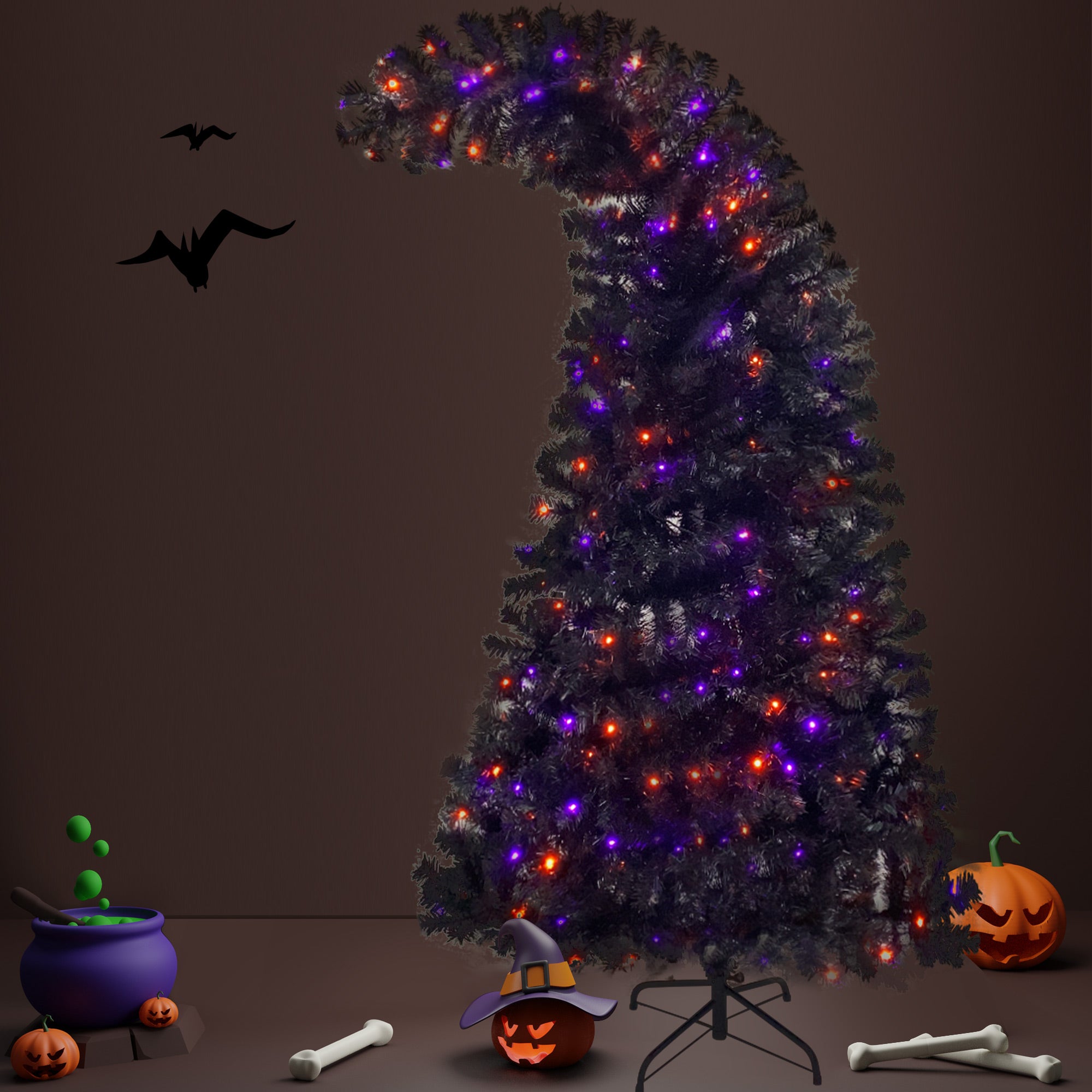 Sapin artificiel d'Halloween à sommet incurvé de 6 pieds, avec 1080 pointes de branches luxuriantes et 300 lumières LED dans un style de Noël et d'Halloween