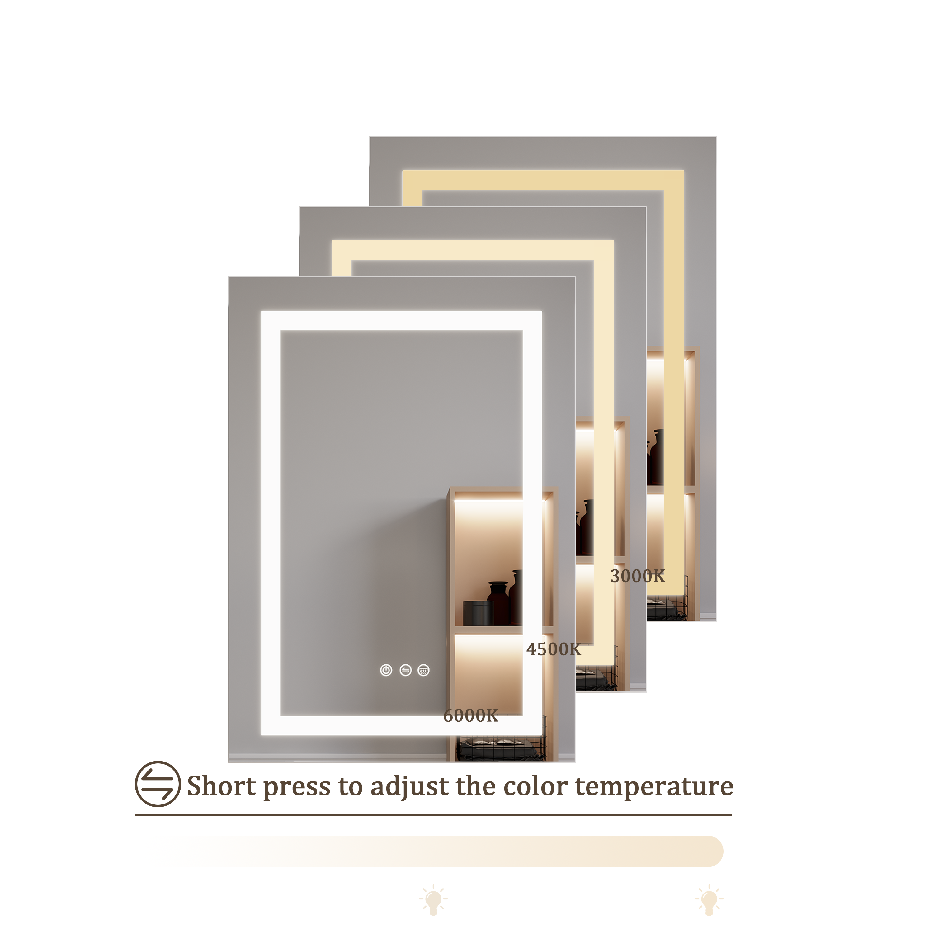 Armoire à pharmacie de salle de bain 26x20 pouces (porte gauche) avec miroir LED 3000K ~ 6000K éclairage à porte simple armoire de salle de bain avec interrupteur tactile réglable