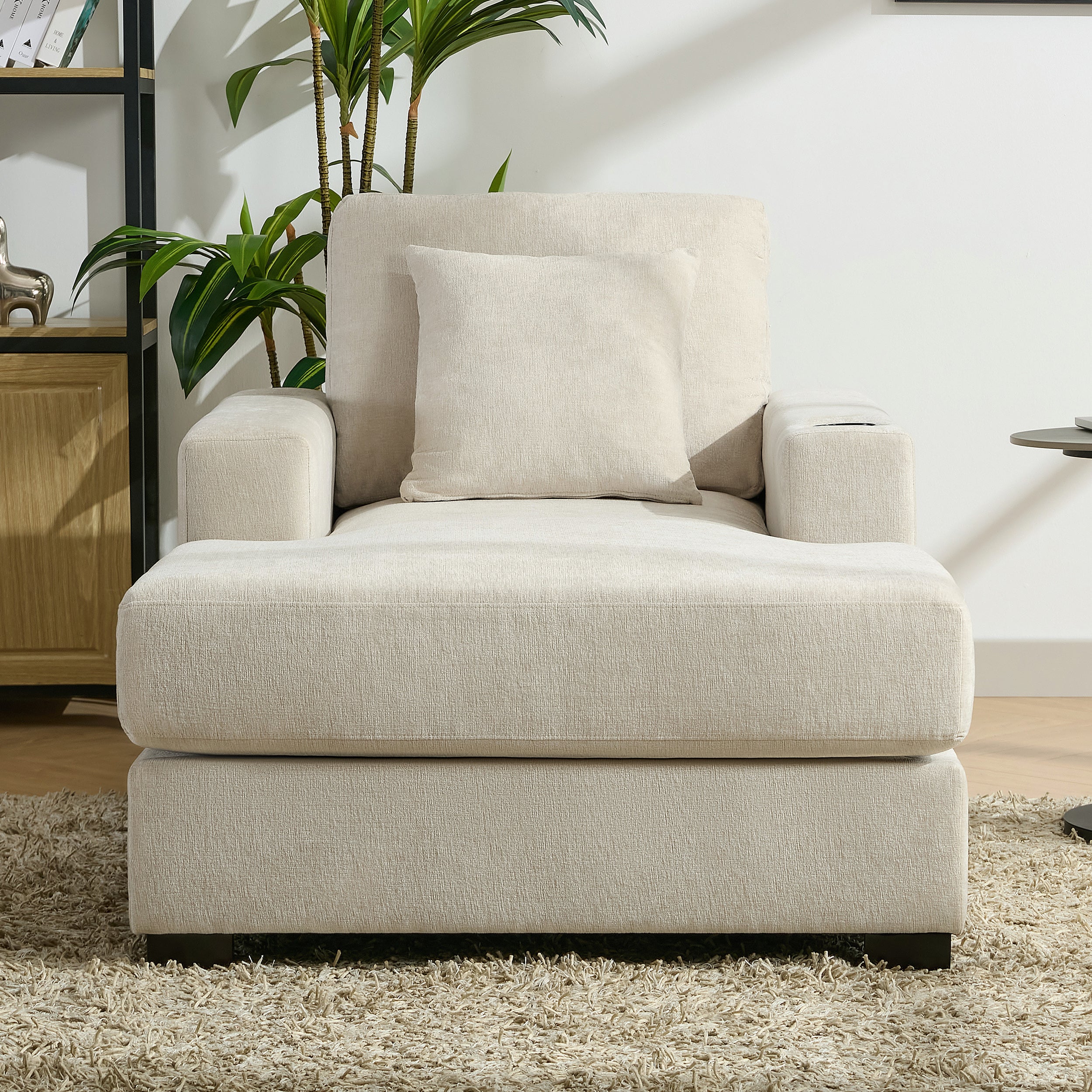 Canapé-lit surdimensionné de 100 cm, style moderne, avec coussins, station de charge et porte-gobelets, tissu chenille, couleur crème