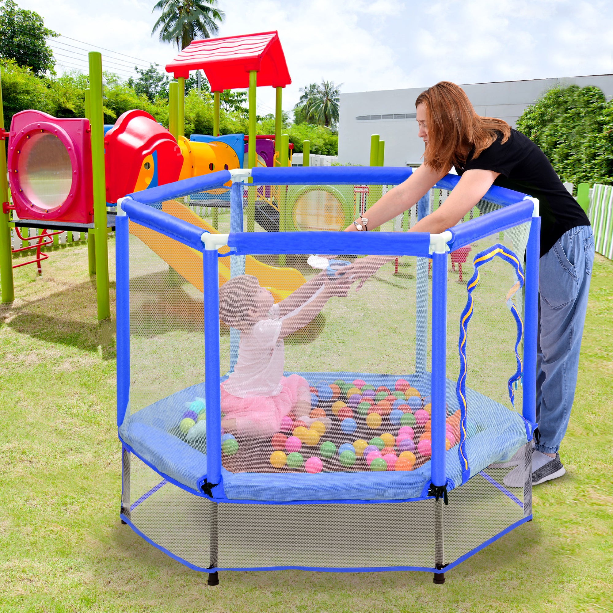Trampoline pour tout-petits de 55 pouces avec filet de sécurité et balles, mini trampoline intérieur/extérieur pour enfants