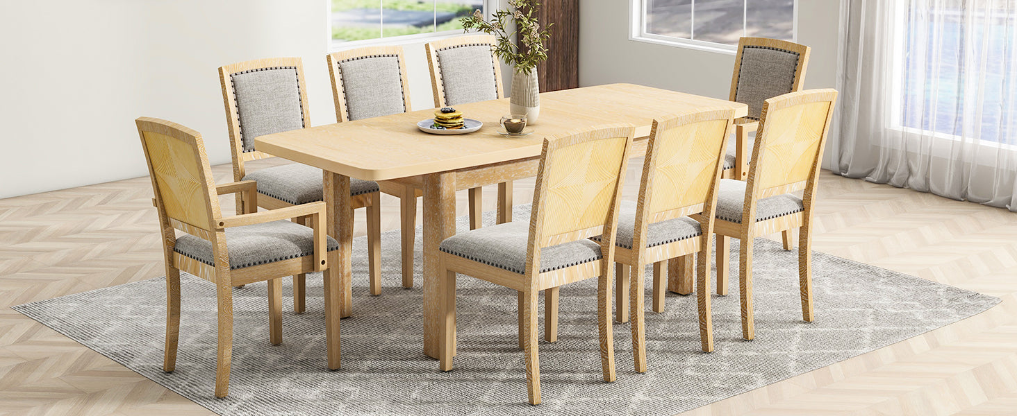 TOPMAX expandable 84 inch dining table set with 24 inch detachable leaves, 6 armless chairs and 2 armchairs 9 pieces natural