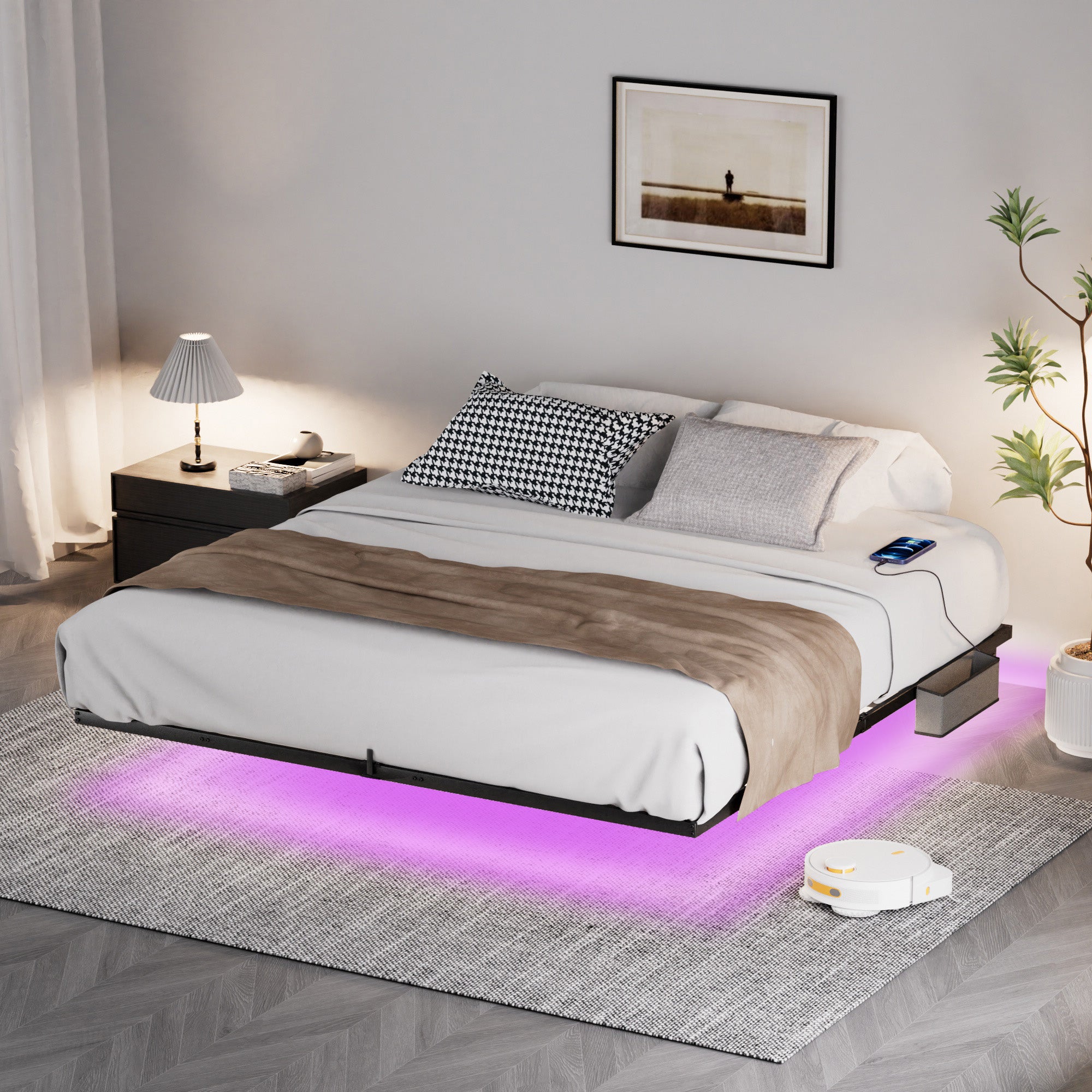 Floating Bed Frame King Size with LED Lights & charging station, Metal Platform Queen Bed, 79.9'' L x 76.2'' W x 7.9'' H.