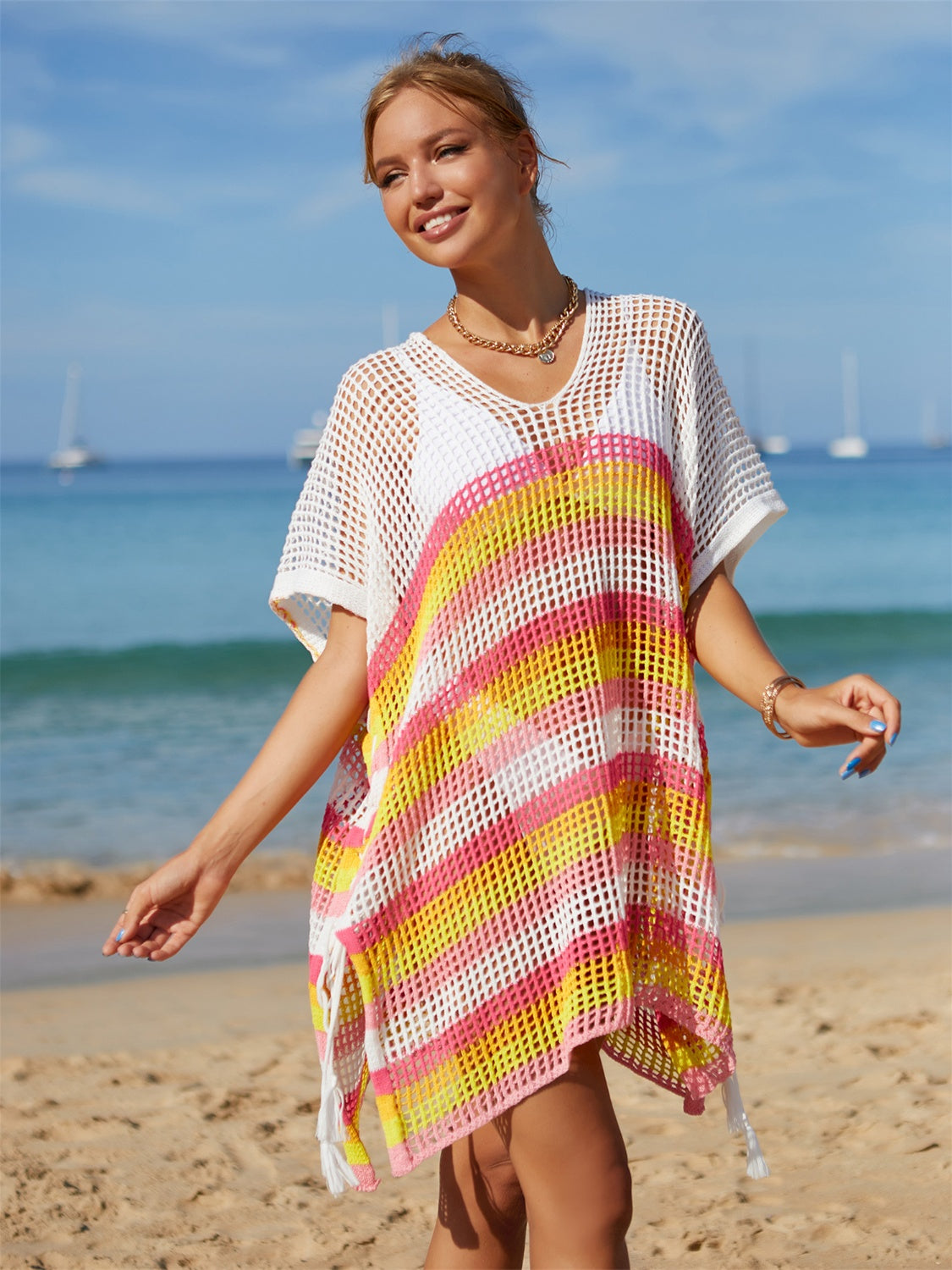 Cache-maillot rayé à découpes et pompons Motif ailes d'ange