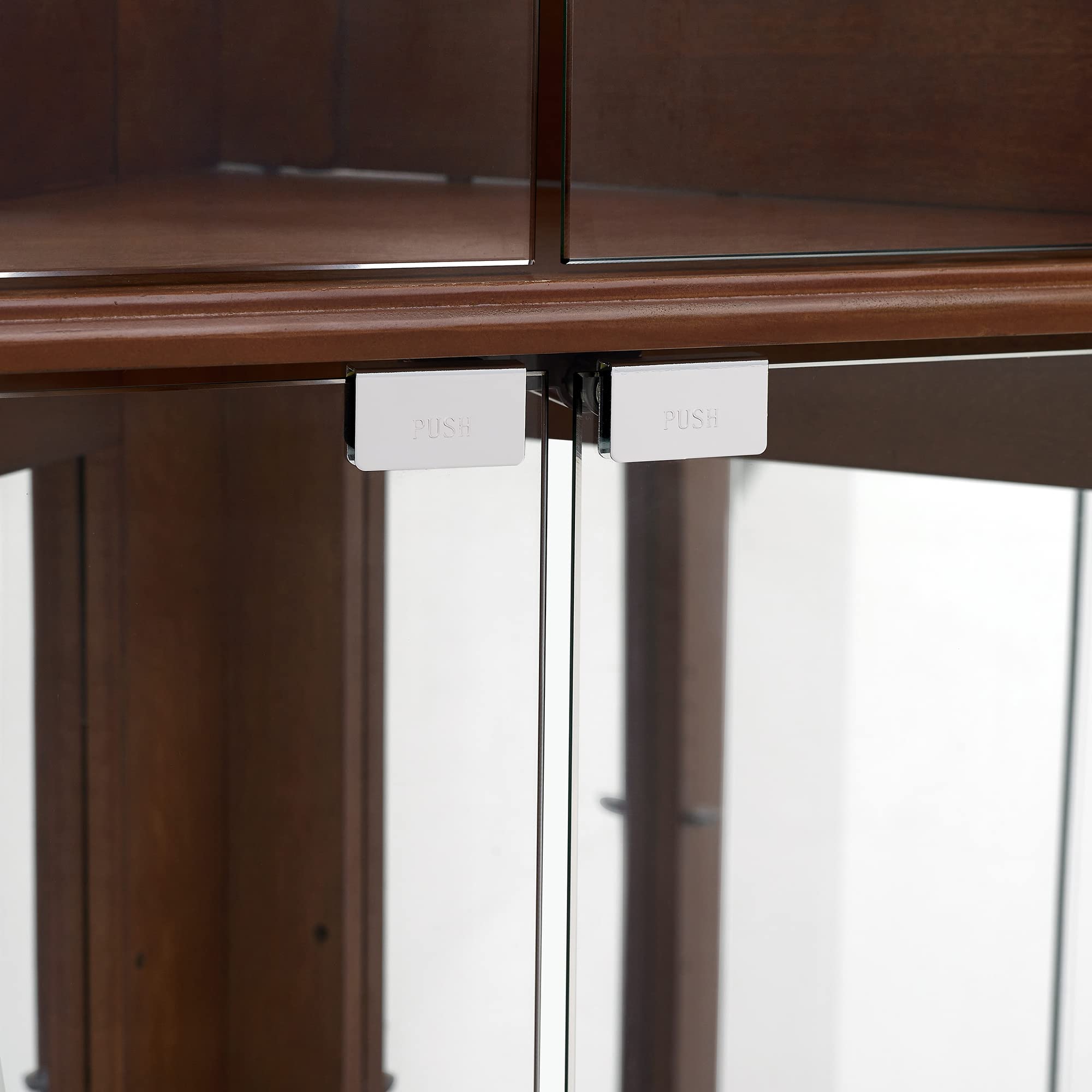 Vitrine d'angle avec éclairage, étagères réglables en verre trempé, dos miroir, noyer (ampoule E26 non incluse)