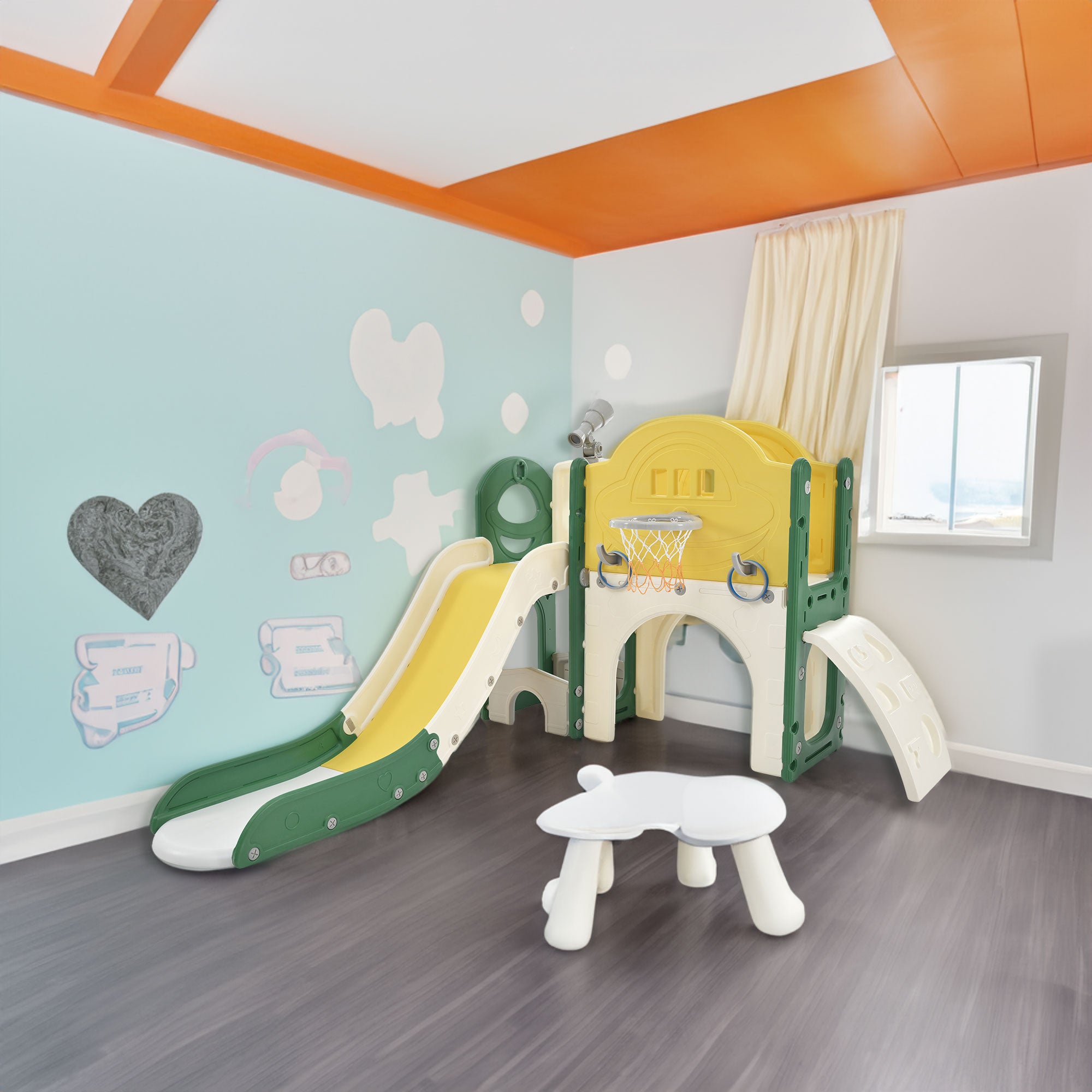 Structure de jeu pour enfants 7 en 1, vaisseau spatial autonome avec toboggan, tunnel en arche jaune + PEHD