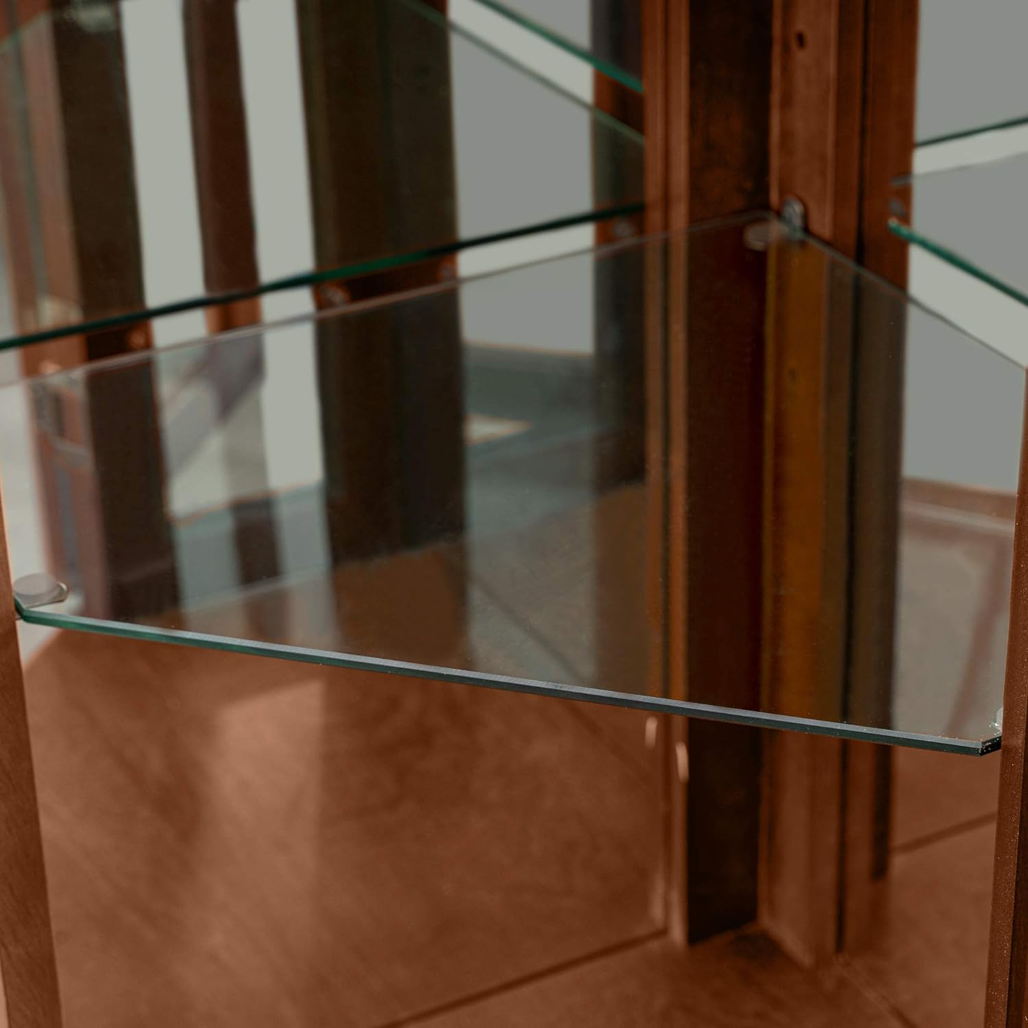 Vitrine d'angle, cadre réglable en verre trempé, rétroviseur, vitrine, bois de noyer (hors ampoules E26)