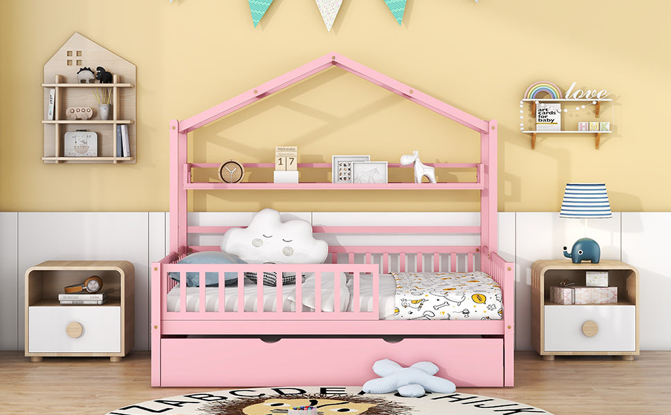 Lit cabane en bois pleine grandeur avec lit gigogne simple pour enfant et étagère, rose