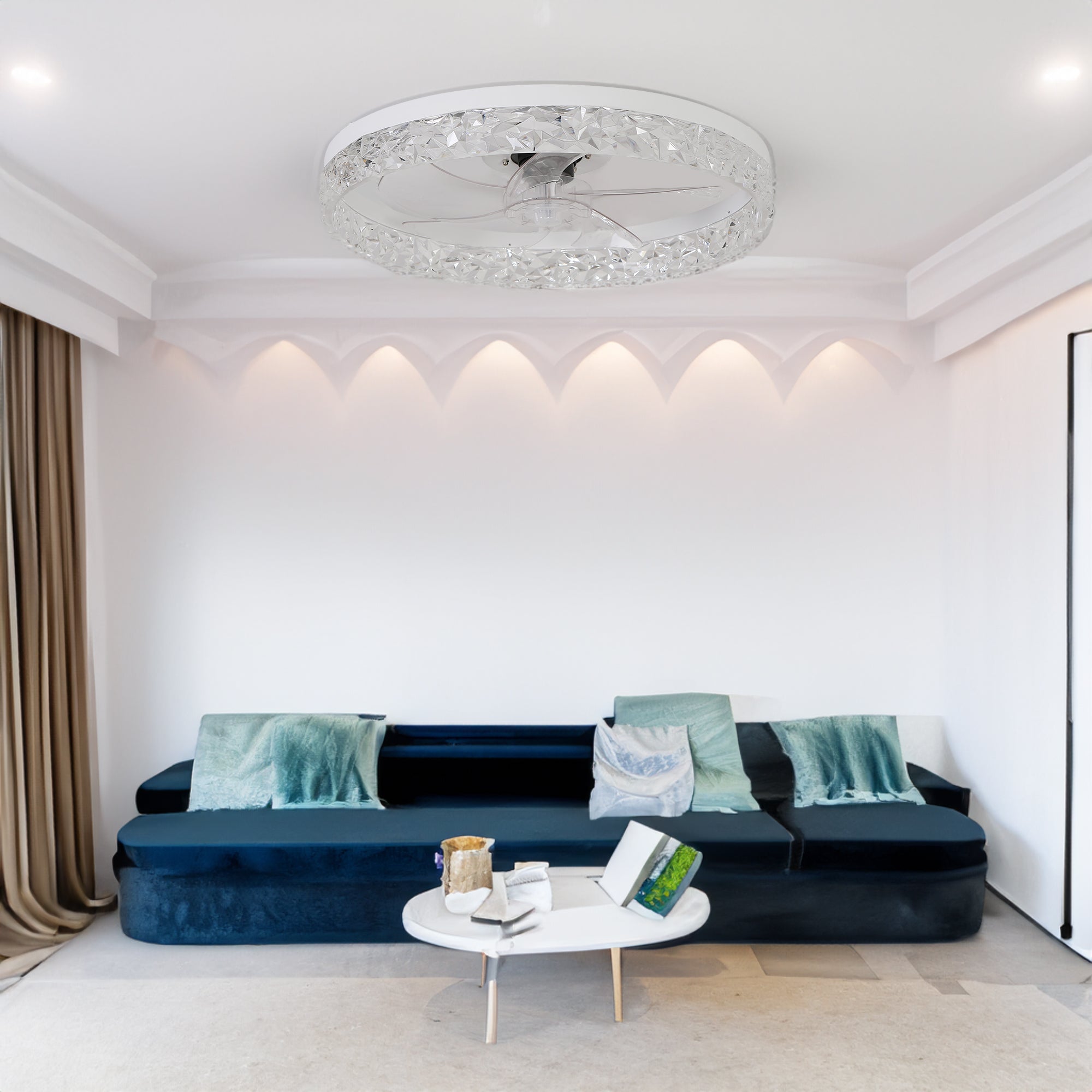 Ventilateur de plafond moderne en acrylique avec télécommande, suspension LED à intensité variable, réglable à 6 vitesses, moteur silencieux