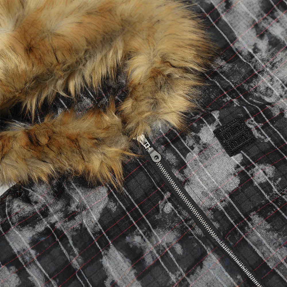 Street Style Men's Cotton Coat with Hood and Fur Collar, Plaid Design, Casual Loose Fit Outerwear