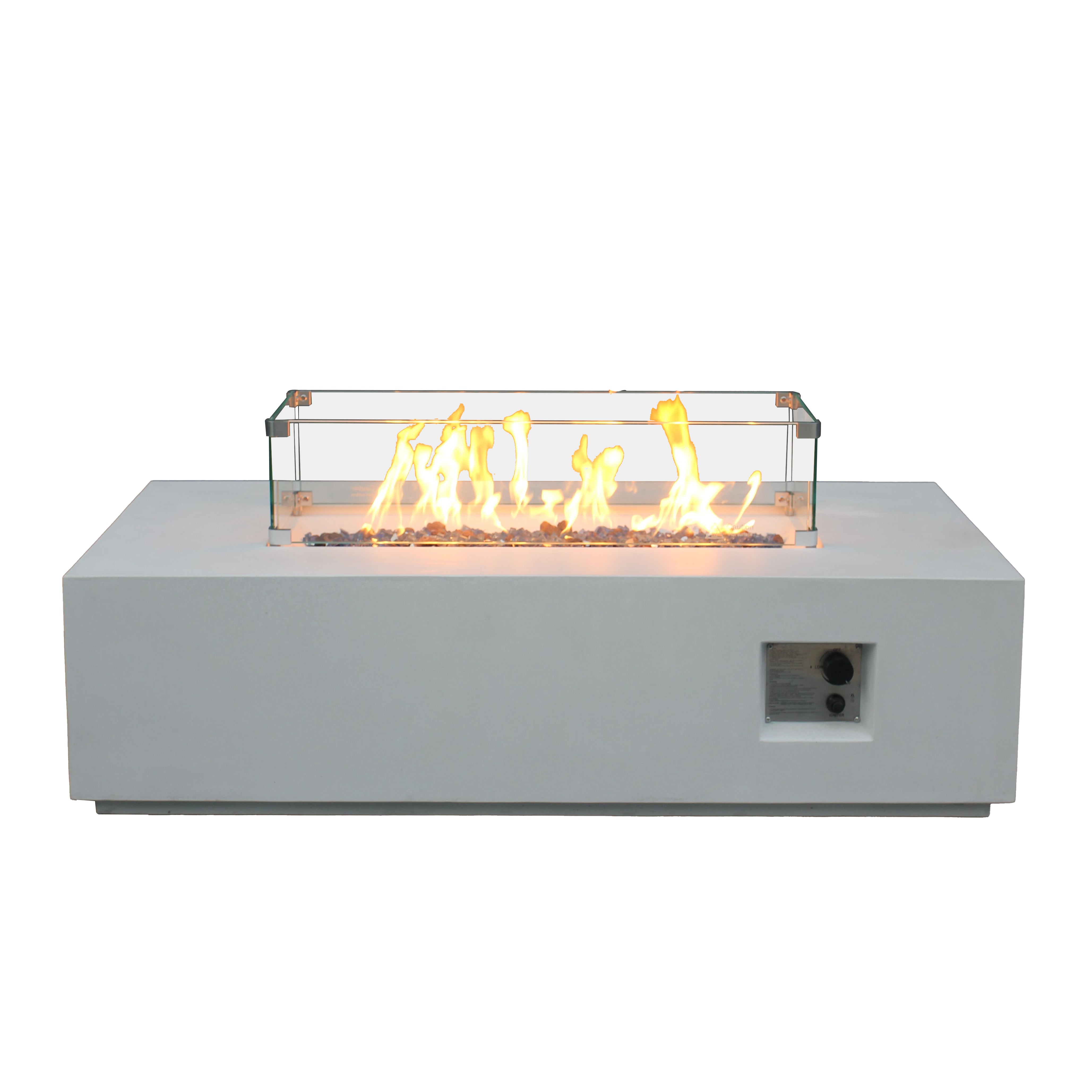 Table de foyer rectangulaire au gaz propane en béton pour l'extérieur de 52 pouces de couleur blanc antique