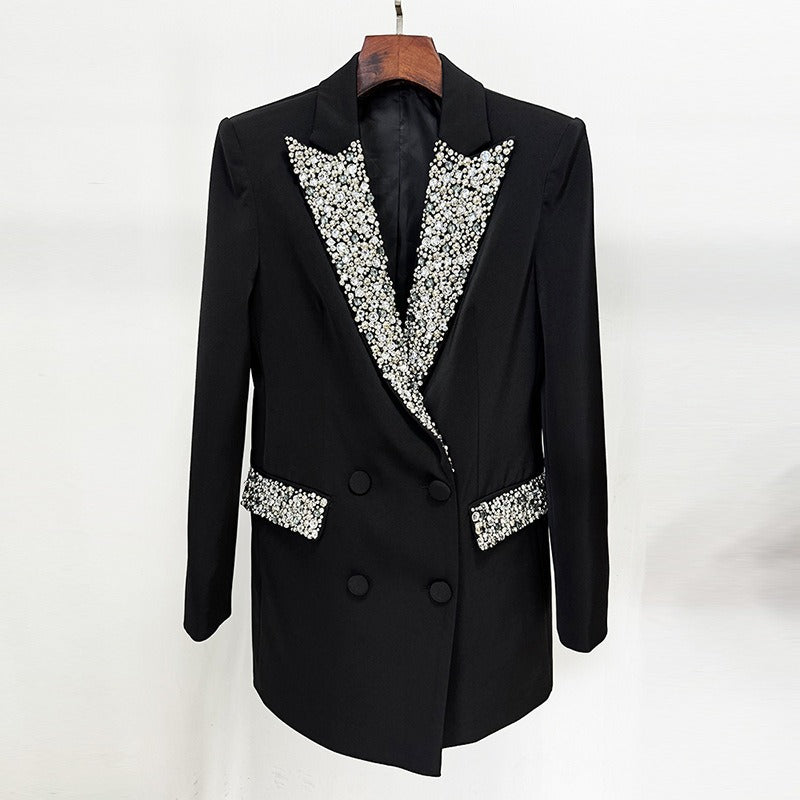 Veste de costume mi-longue à la mode, nouvelle et magnifique, faite à la main, avec des perles à ongles incrustées de diamants, coupe ajustée
