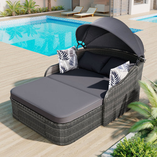 Chaise longue d'extérieur GO 79,9" avec auvent réglable, double salon, lit de repos en rotin synthétique, osier gris et coussin