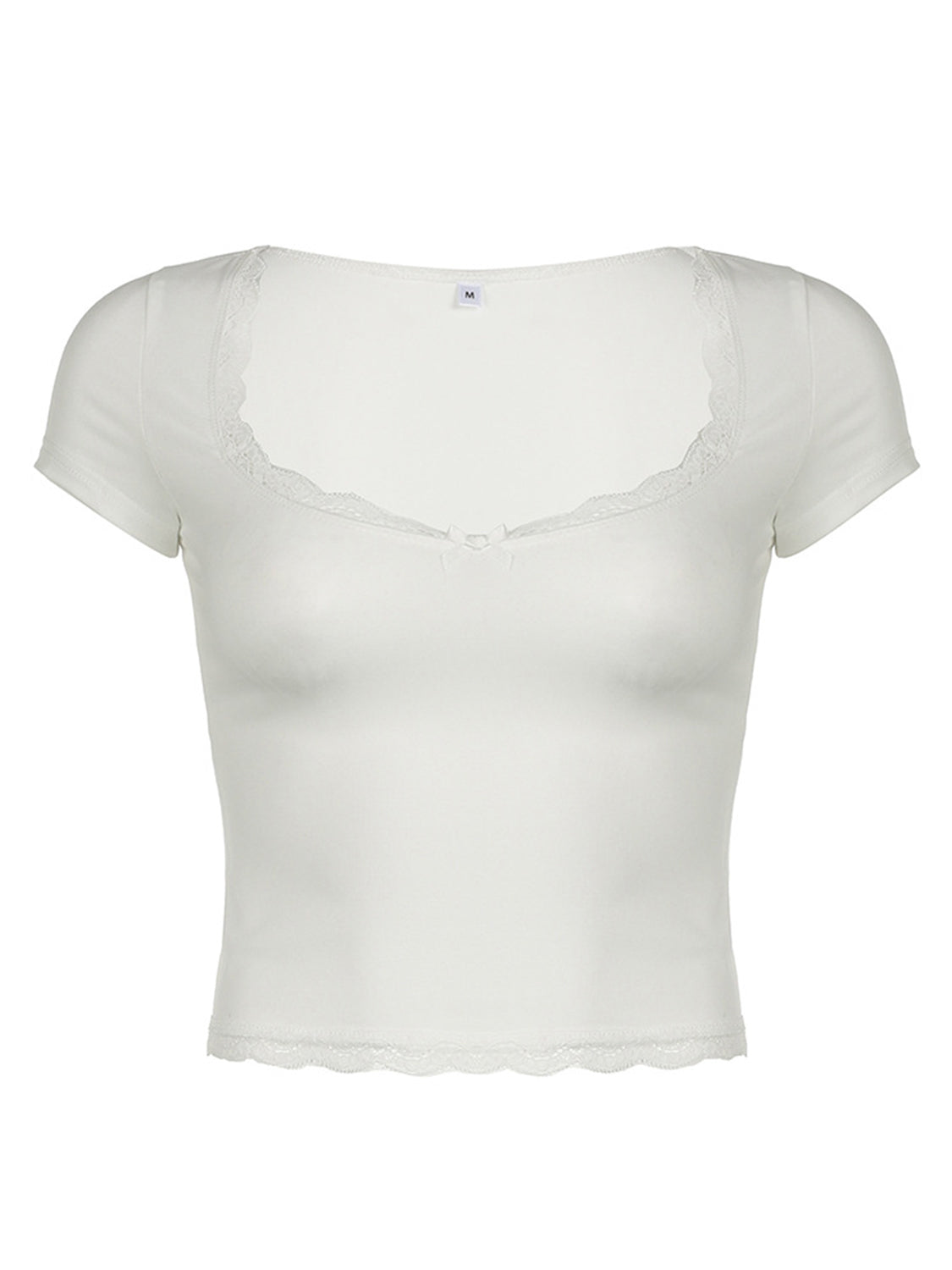 T-shirt à manches courtes et col en cœur avec détails en dentelle
