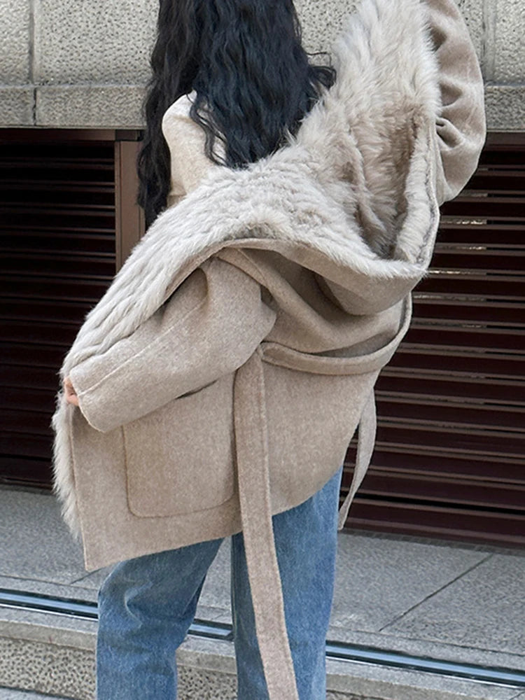 Manteau en laine à capuche pour femme, couleur unie, avec fourrure de renard et ceinture ample, nouveauté hiver