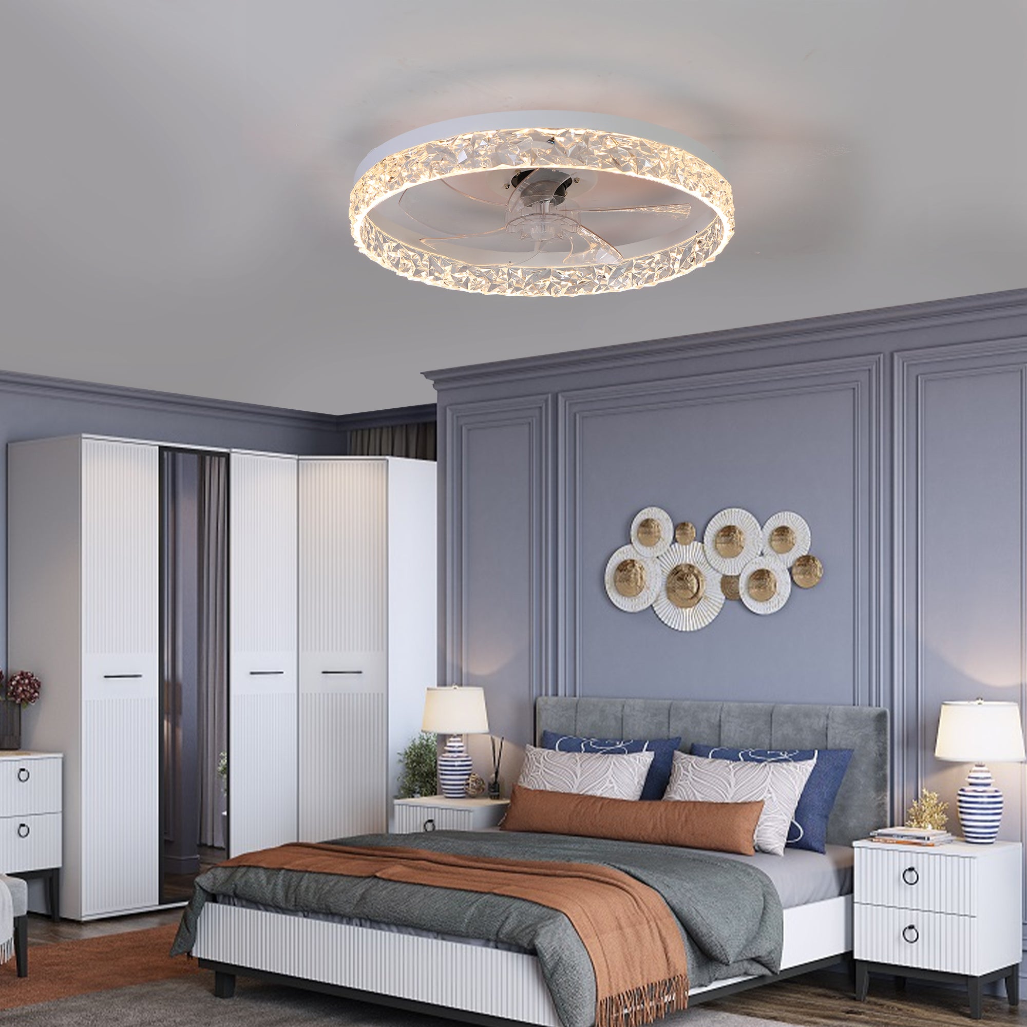 Ventilateur de plafond moderne en acrylique avec télécommande, suspension LED à intensité variable, réglable à 6 vitesses, moteur silencieux