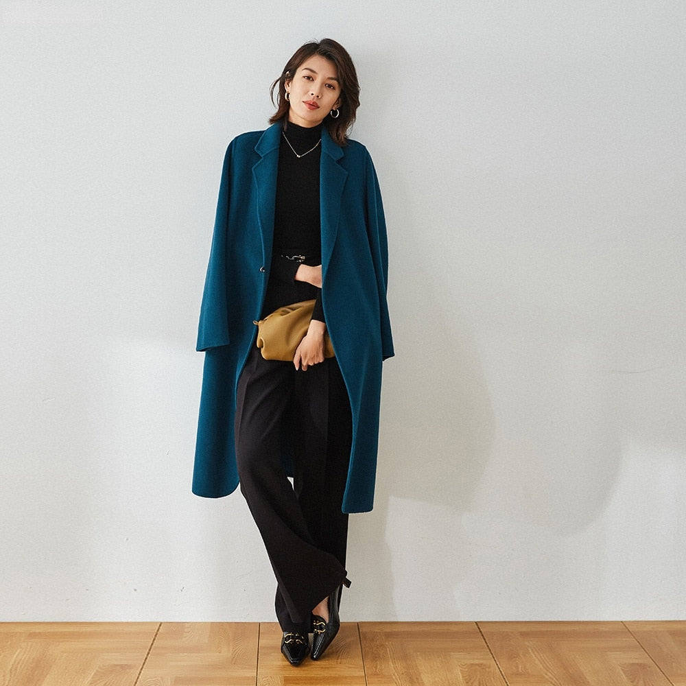 Manteau en laine réversible long avec ceinture simple et revers droit pour l'automne et l'hiver