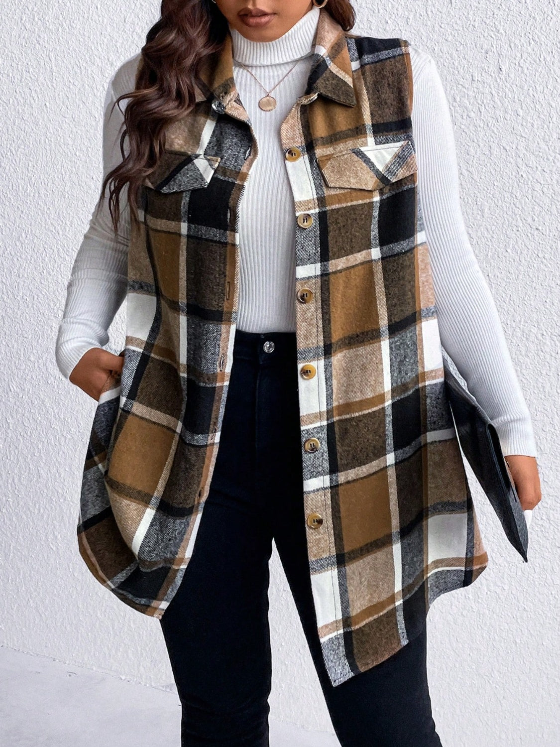 Manteau sans manches boutonné à carreaux et poches Honey grande taille