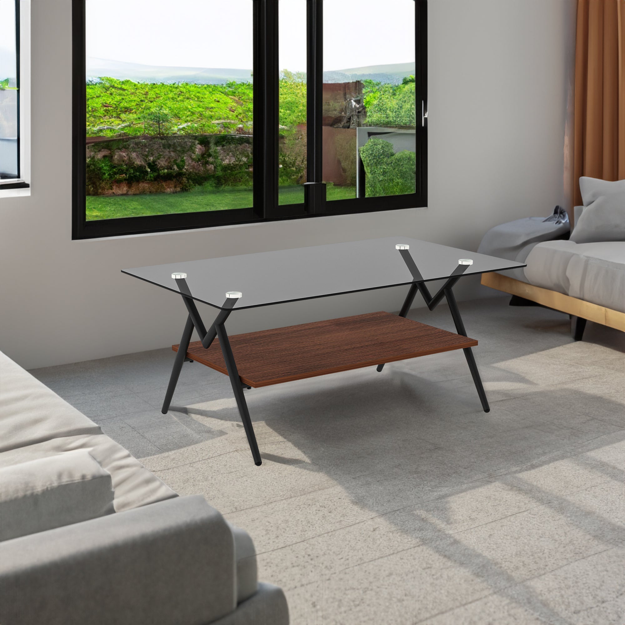 Table basse rectangulaire avec plateau en verre trempé et étagère en MDF marron, table moderne pour salon, verre gris