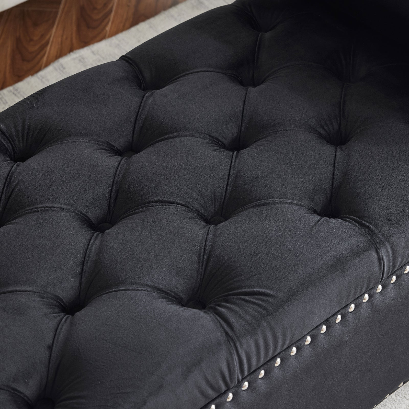Storage Bench, 44.5-Inch Queen Velvet Button Bedside Bench, Entryway Living Room with Armrests, Nailhead Trim Black