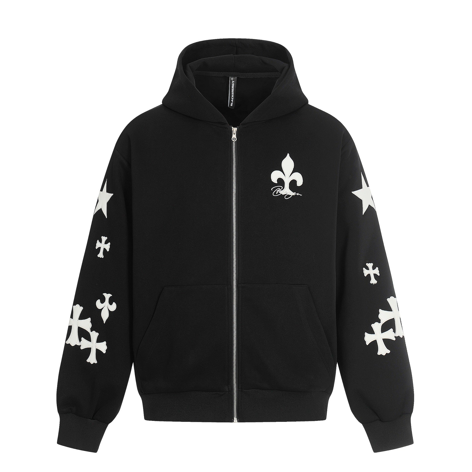 Leather Patch Embroidery Design Zipper Hooded Loose Fit