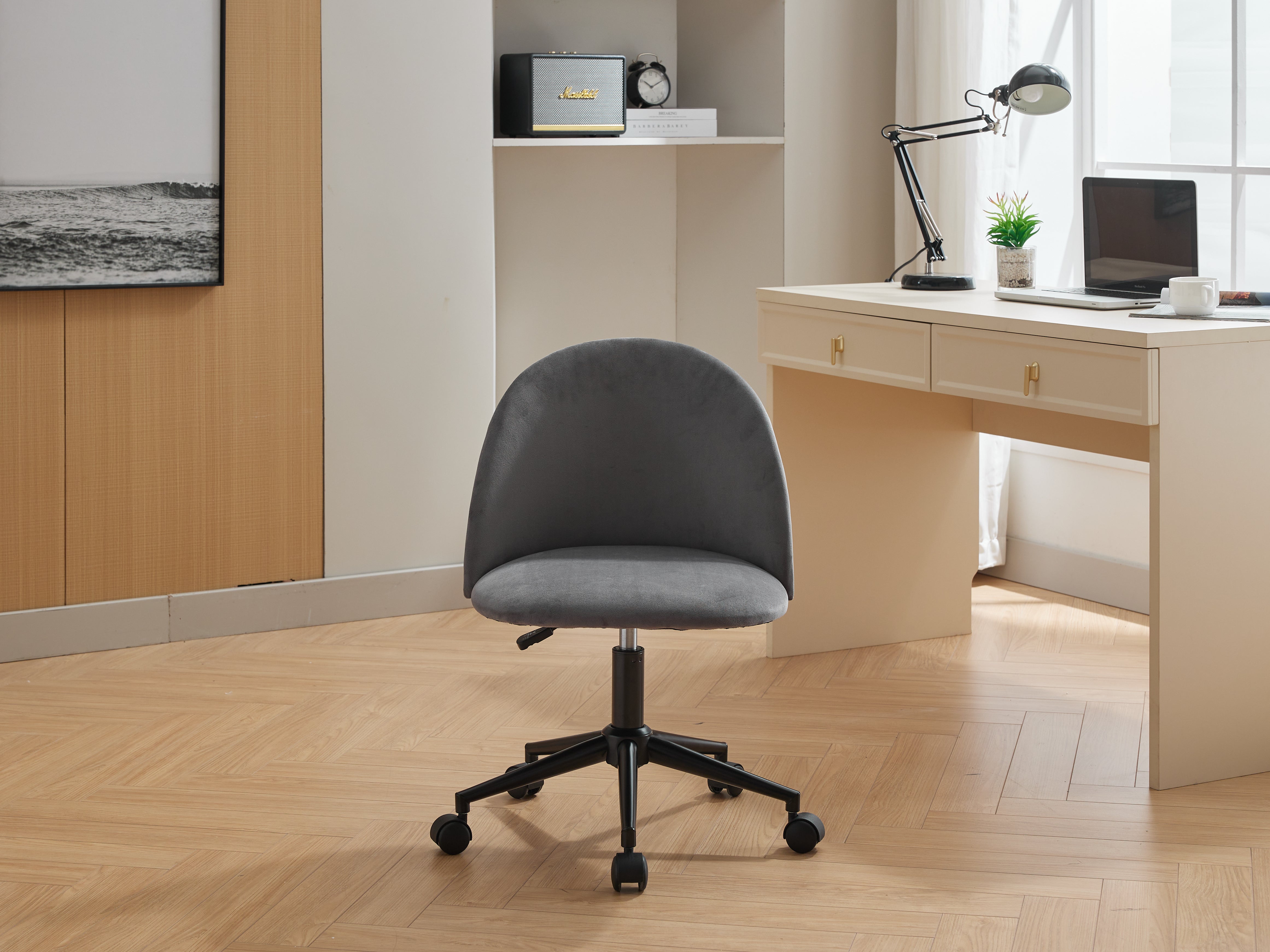 Chaise de bureau en tissu velours, chaise d'ordinateur pivotante réglable à dossier moyen, pieds noirs, chaise de bureau rembourrée avec roulettes