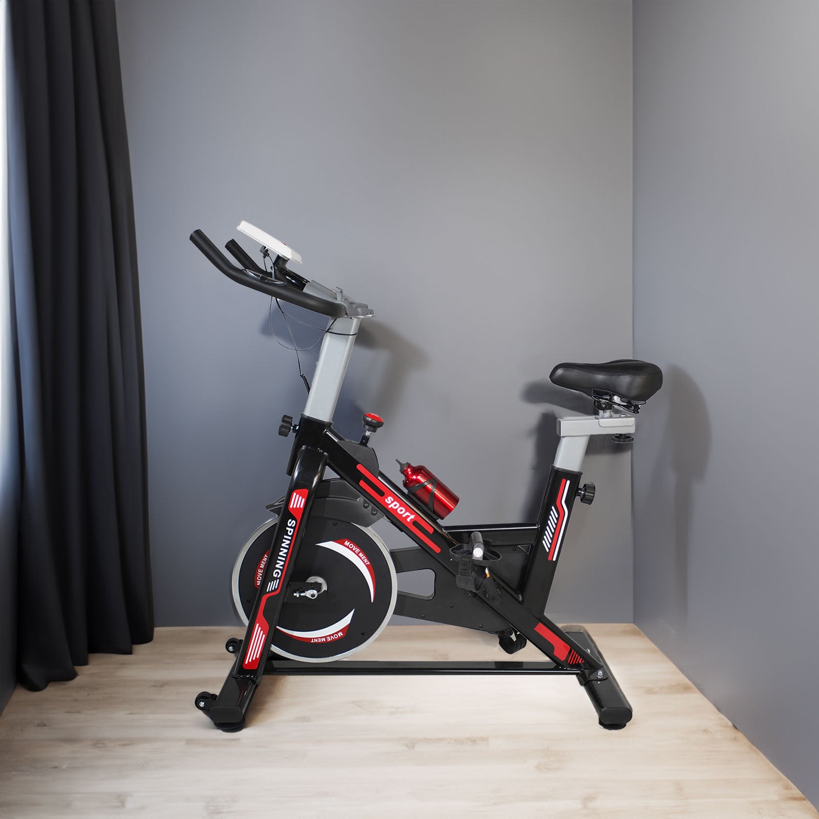 Vélo d'appartement d'intérieur avec coussin de siège confortable, noir et rouge
