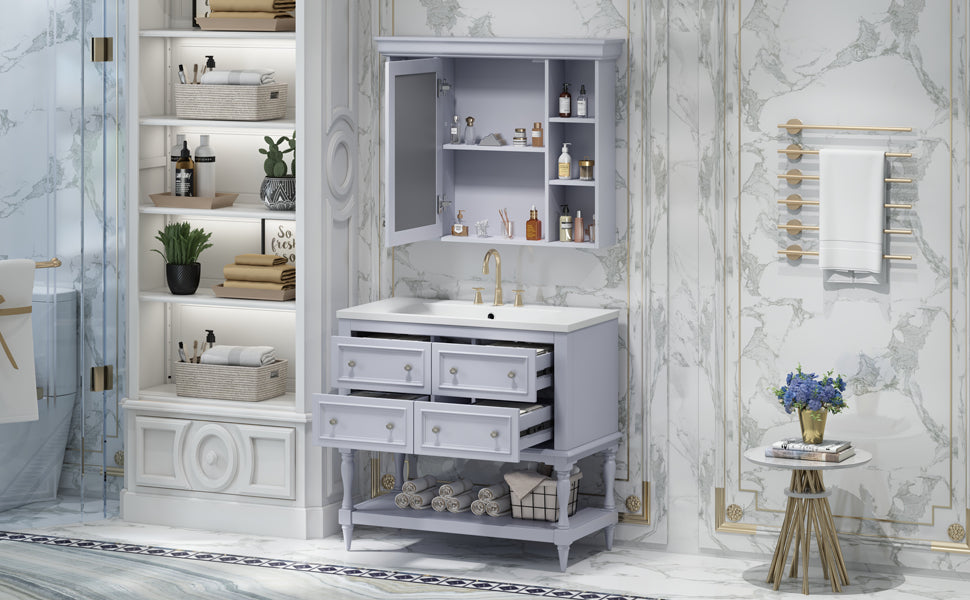 Meuble-lavabo de salle de bain 36'' avec armoire à pharmacie, armoire à miroir moderne avec étagère réglable, meuble de rangement de salle de bain avec 4 tiroirs