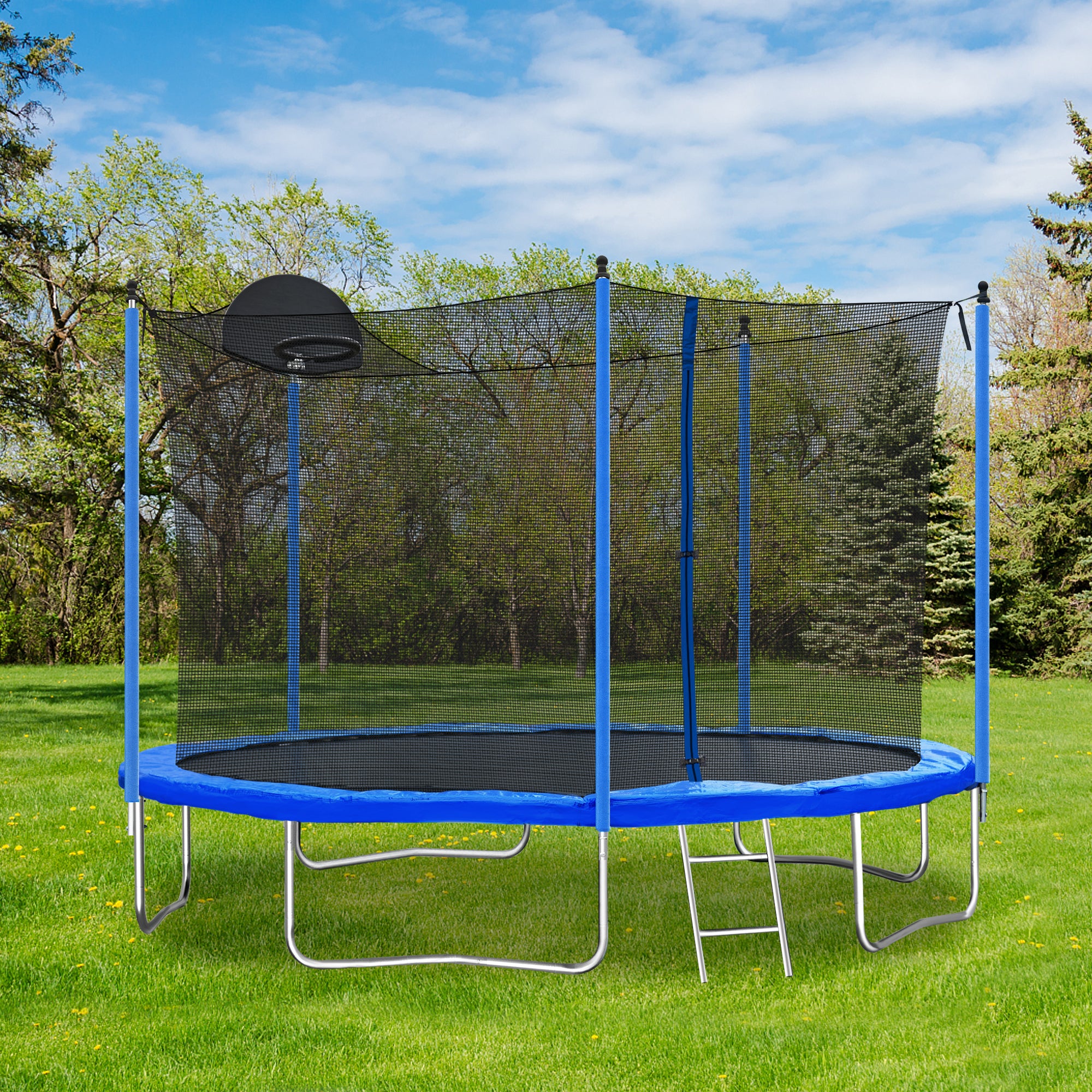 Trampoline de 12 pieds pour adultes et enfants avec panier de basket, trampolines d'extérieur avec échelle et filet de sécurité pour enfants et adultes