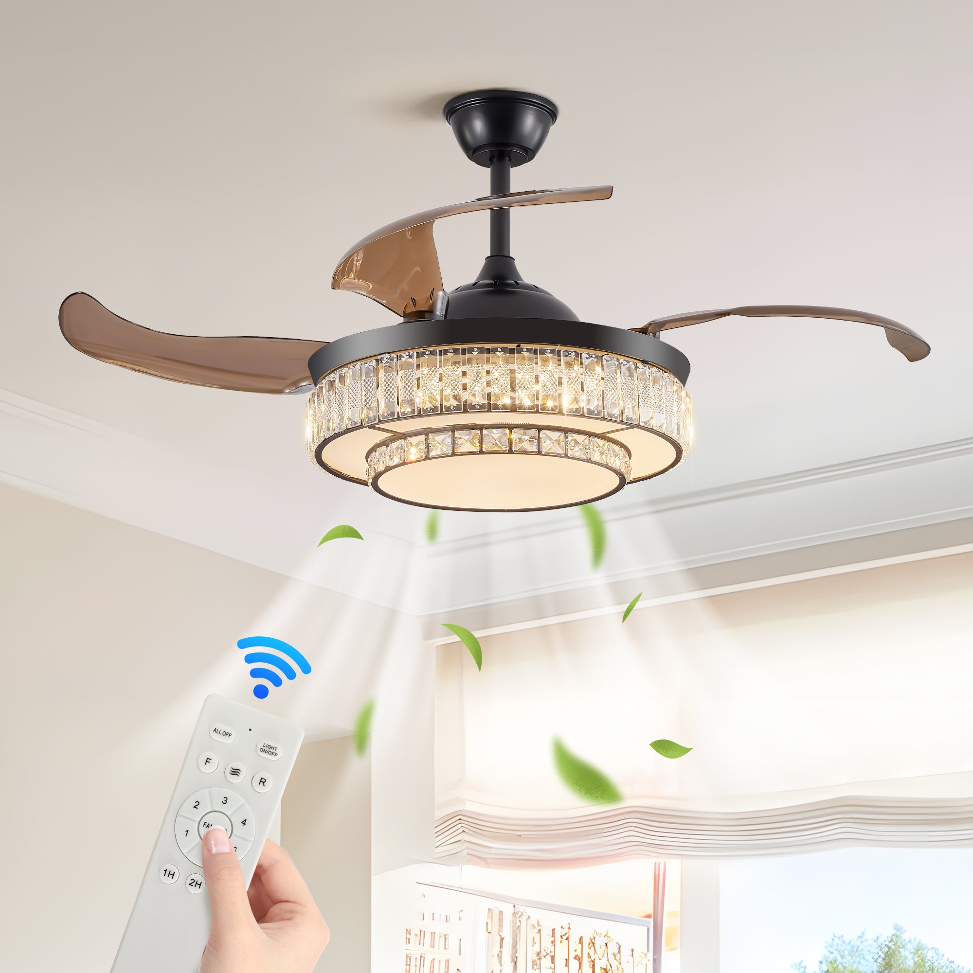 Ventilateur de plafond rétractable LED moderne avec éclairage et télécommande, moteur réversible silencieux, ventilateur de plafond moderne à 4 pales
