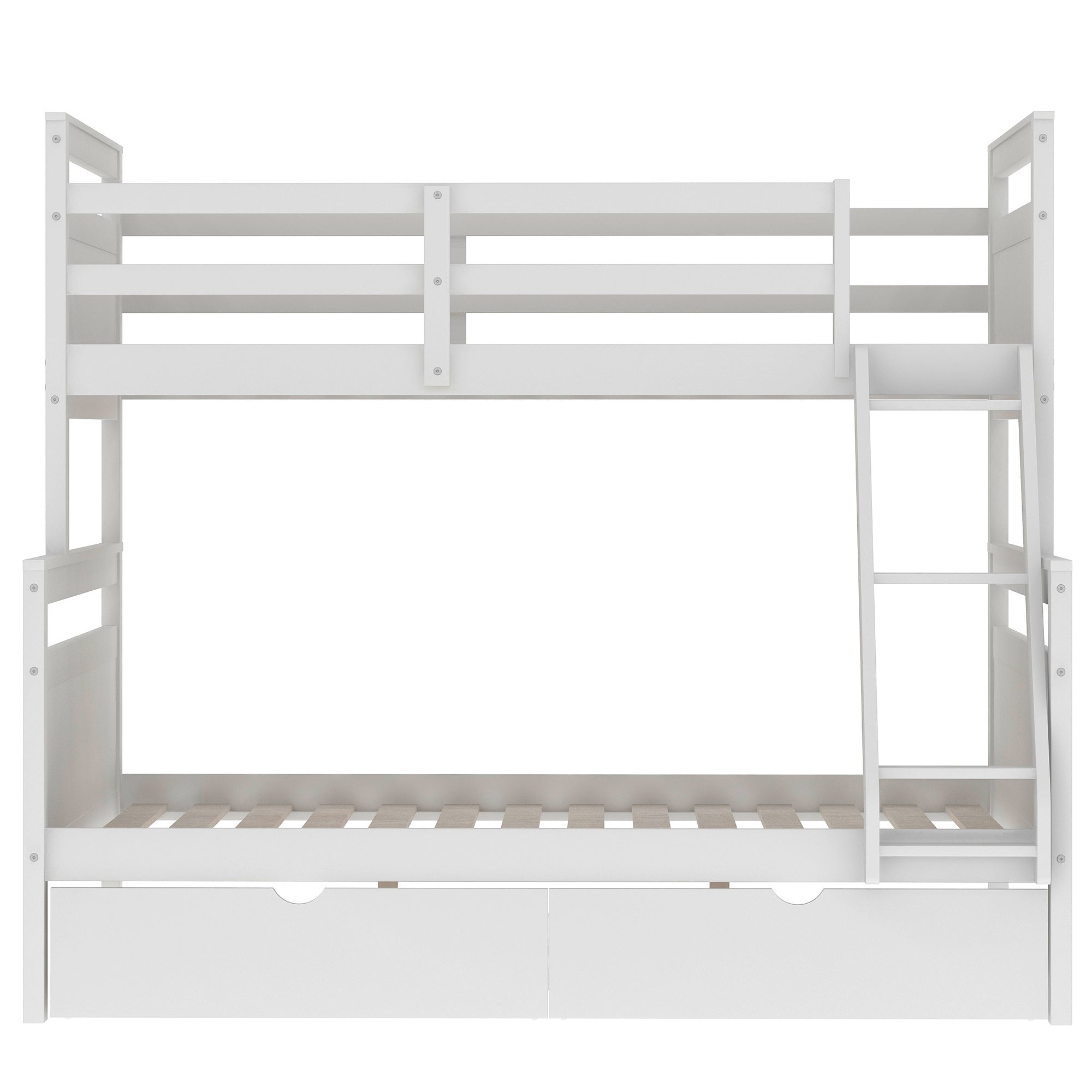Twin over Full Bunk Bed with Ladder, Two Storage Drawers, Safety Guardrail White