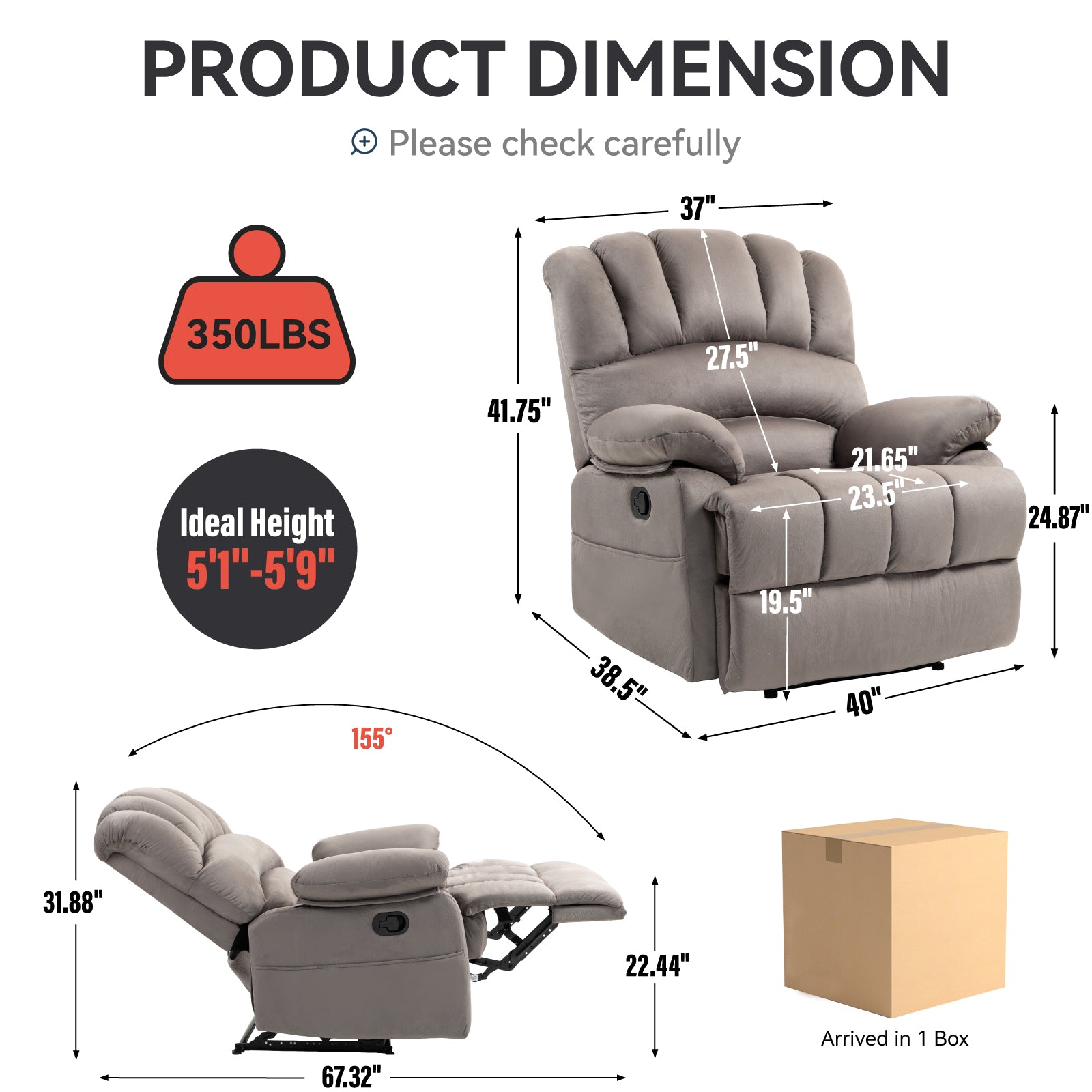 Grand fauteuil inclinable manuel en tissu pour salon, gris