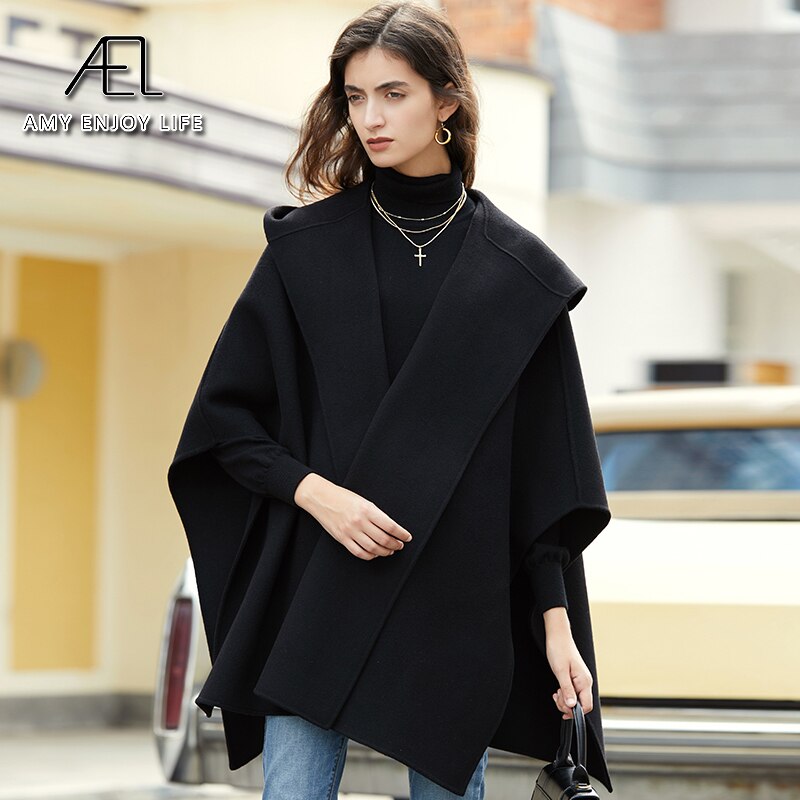 Poncho en laine au design original et personnalisé, idéal pour la photographie de rue, nouveau manteau court à capuche pour femme en automne et en hiver