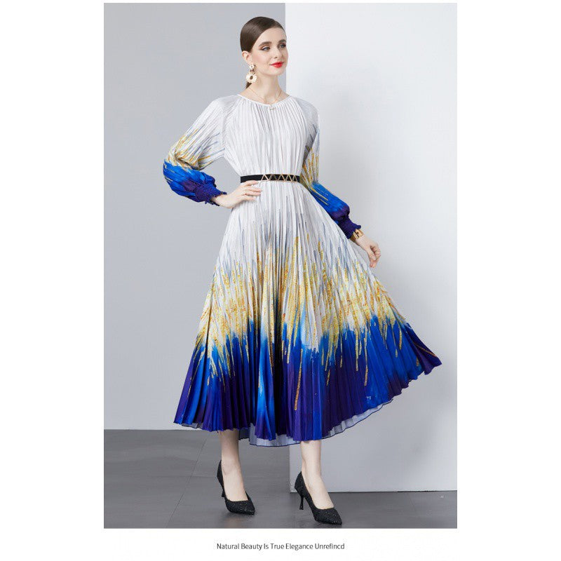 New European and American style round neck fashionable three bedroom pleated slim fit mid length dress