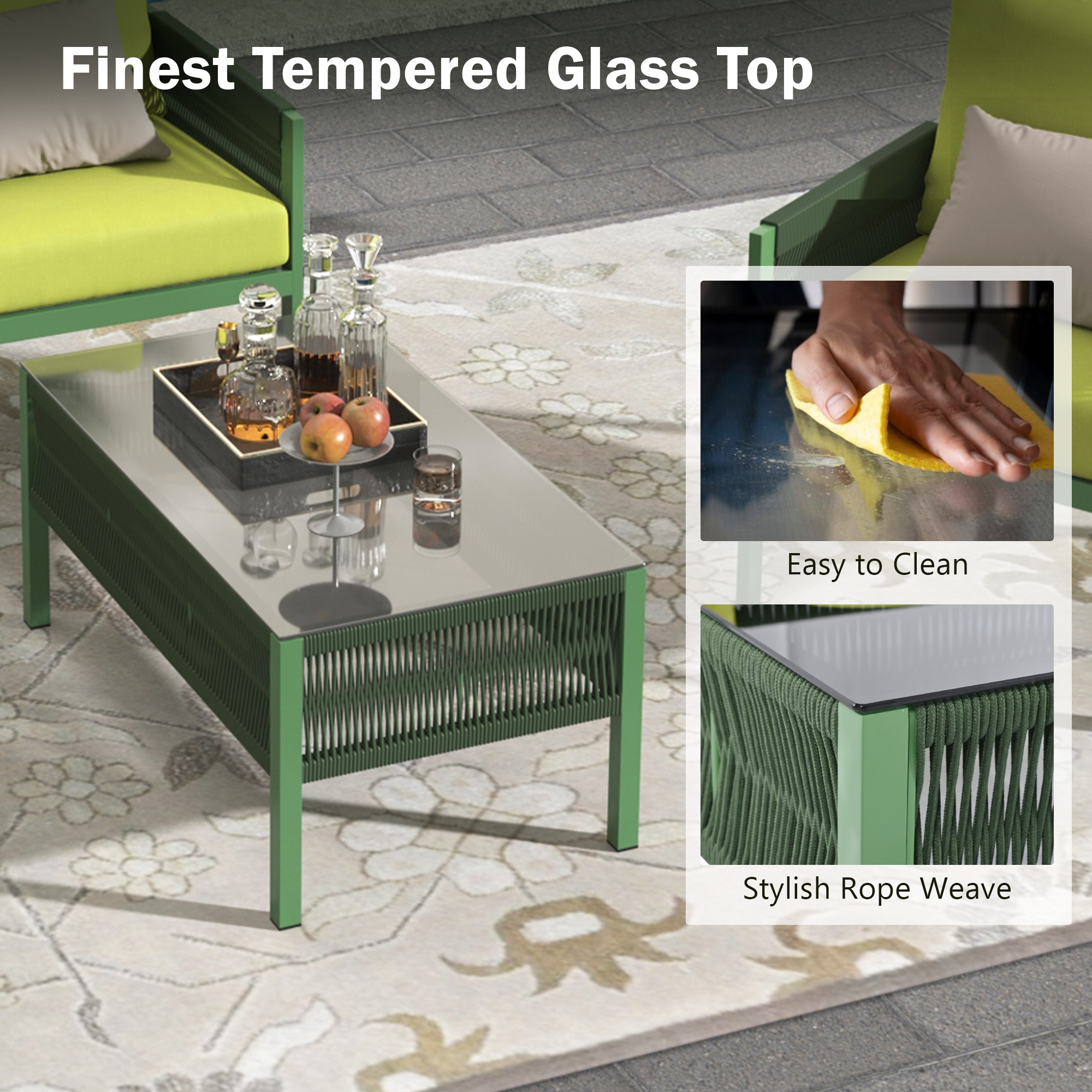 Outdoor Furniture with Tempered Glass Table, Set Deep Seating with Thick Cushion (Fluorescent Yellow & Green)