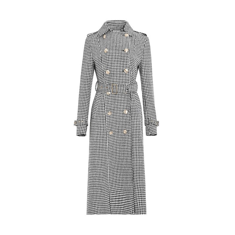 Manteau long d'hiver en laine pour femme, style trench-coat rétro pied-de-poule