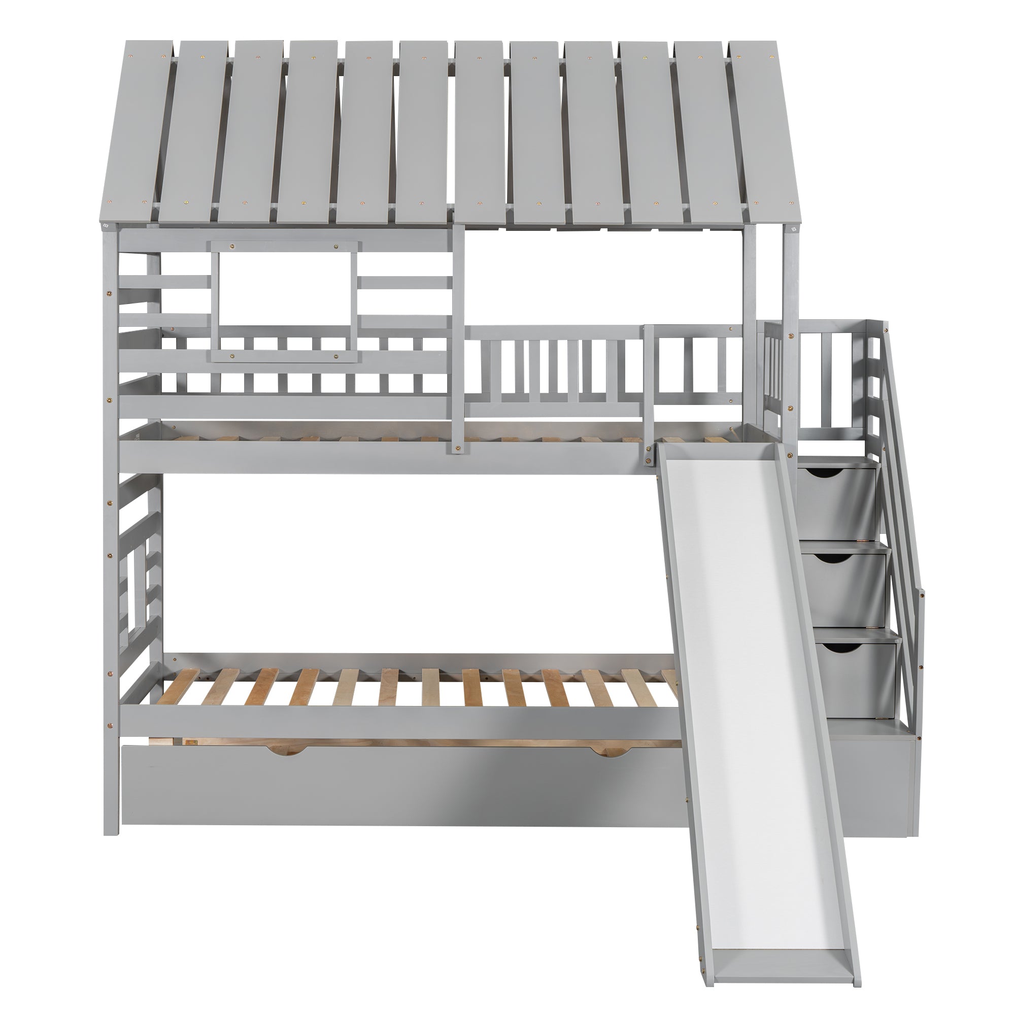 Lit superposé Twin over Twin House avec lit gigogne et rangement coulissant, escalier, toit et fenêtre, design gris
