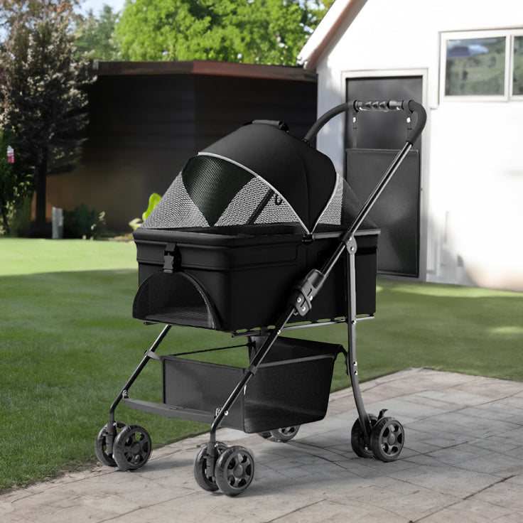 Chariot pliable 2 en 1 pour chien, chariot pliable pour animaux de compagnie, chariot à quatre roues pour chien/chat, coussin imperméable, siège auto, pare-soleil