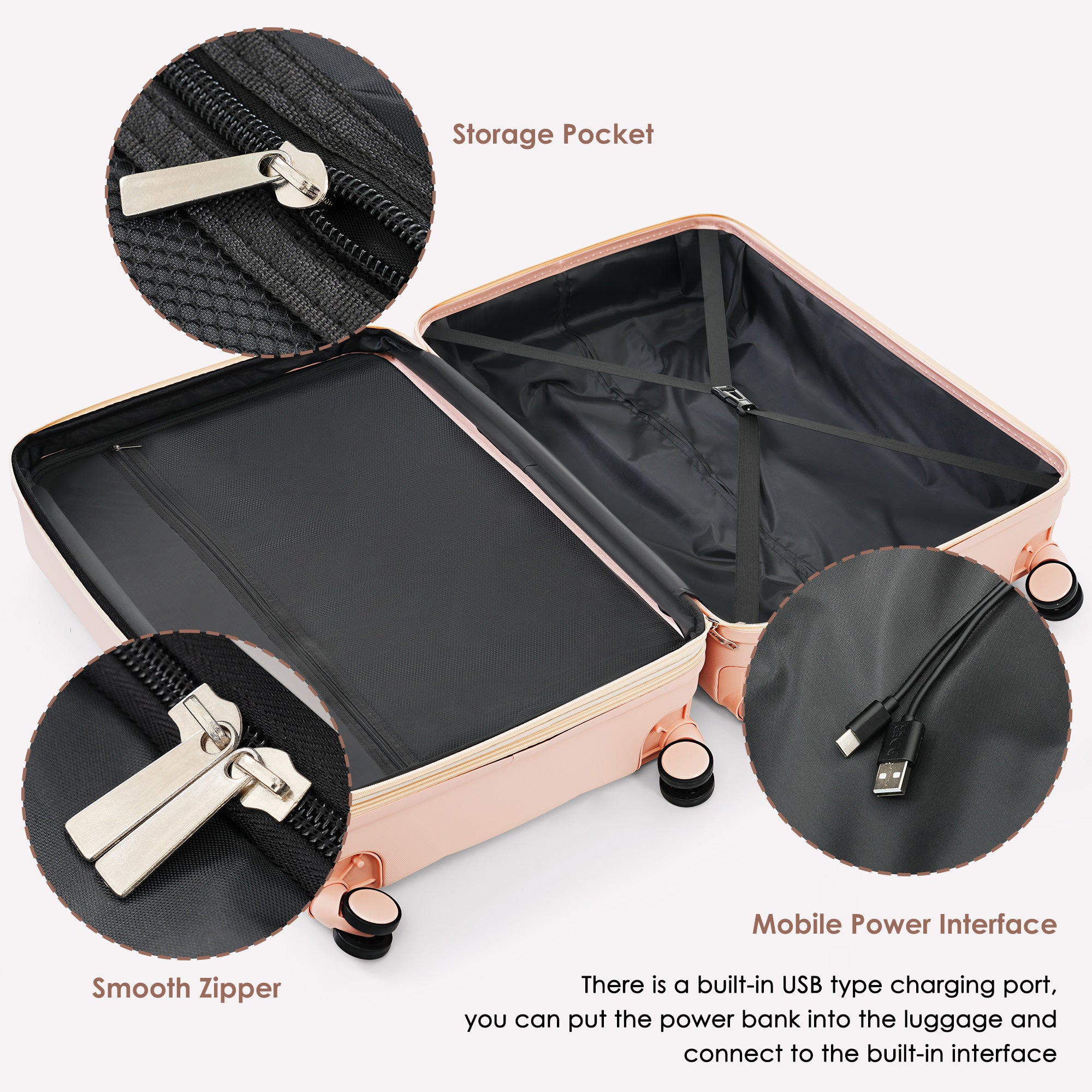 Ensemble de bagages 3 pièces, 20 pouces, valise rigide en ABS avec port USB et porte-gobelet, roue rotative, couleur rose