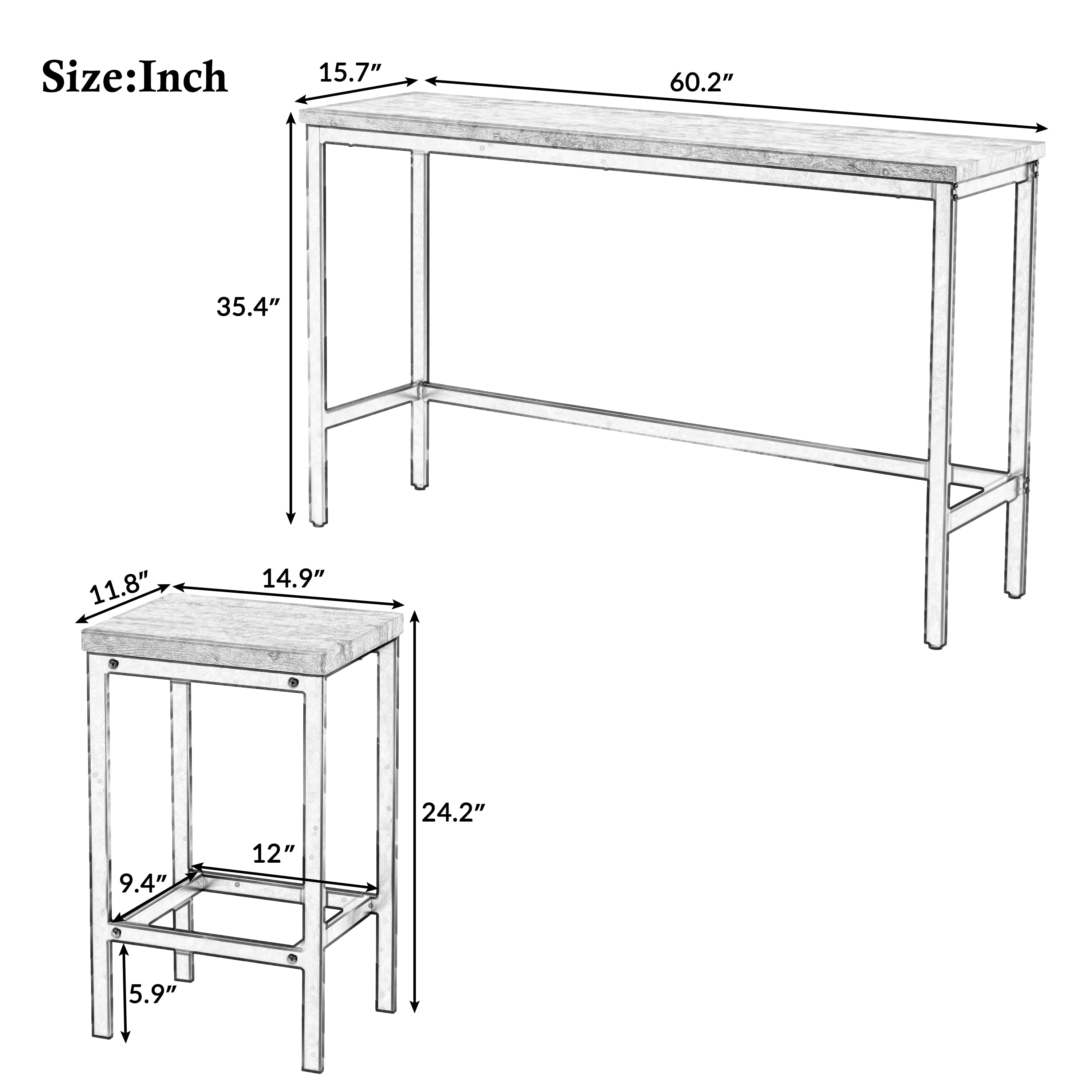 Ensemble de table à manger extra longue à hauteur de comptoir TOPMAX avec 3 tabourets, ensemble de cuisine de pub, table d'appoint avec repose-pieds, marron