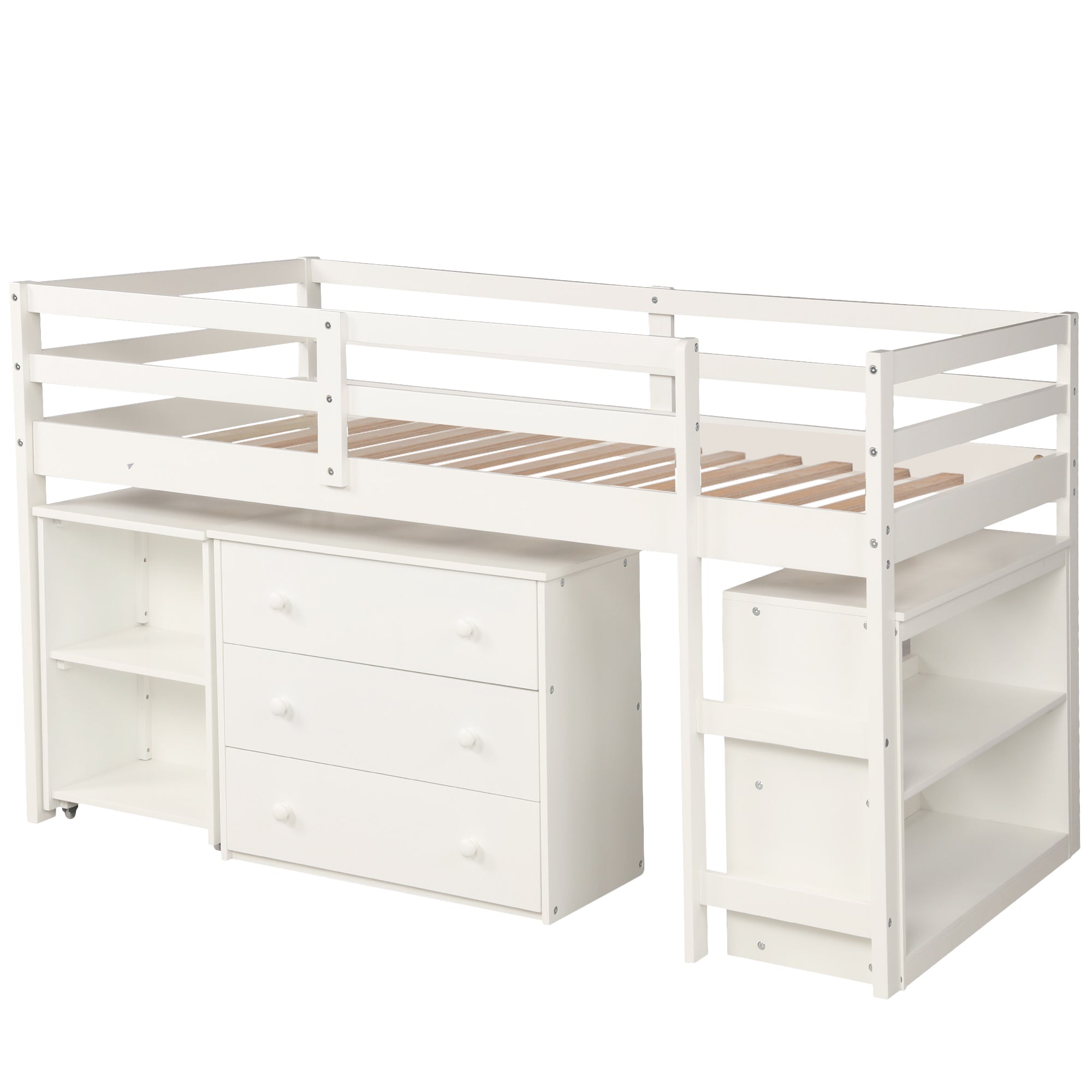 Lit mezzanine simple avec armoire et bureau roulant portable - Blanc (ANCIEN SKU : LP000113AAK)
