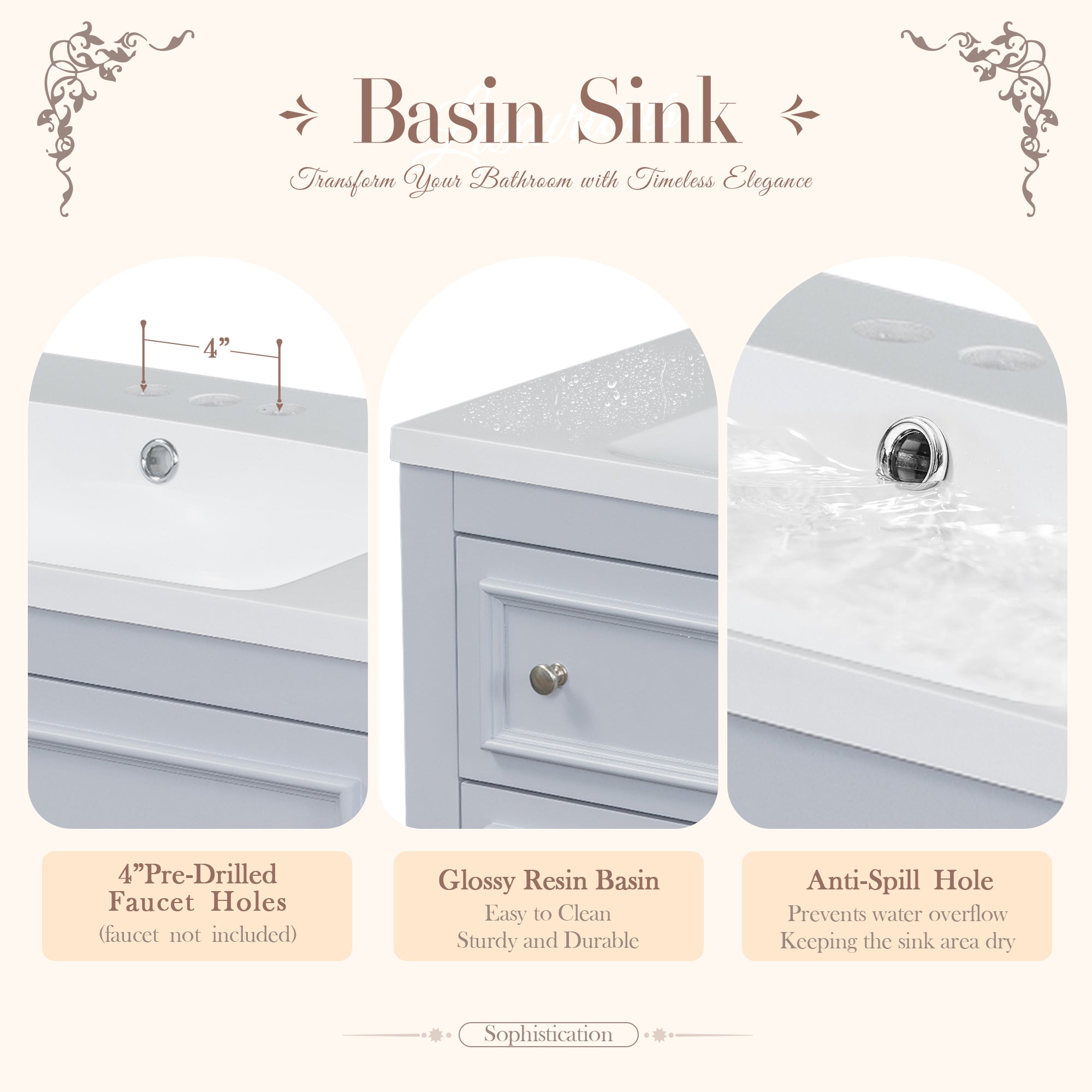 Meuble-lavabo de salle de bain 36'' avec armoire à pharmacie, armoire à miroir moderne avec étagère réglable, meuble de rangement de salle de bain avec 4 tiroirs