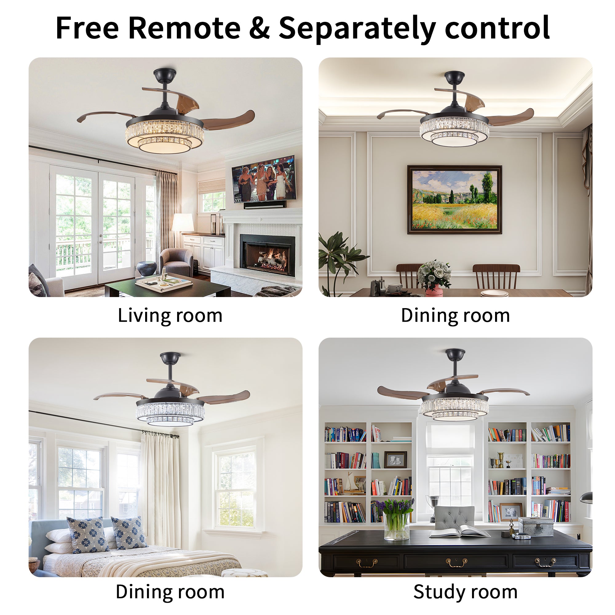 Ventilateur de plafond rétractable LED moderne avec éclairage et télécommande, moteur réversible silencieux, ventilateur de plafond moderne à 4 pales