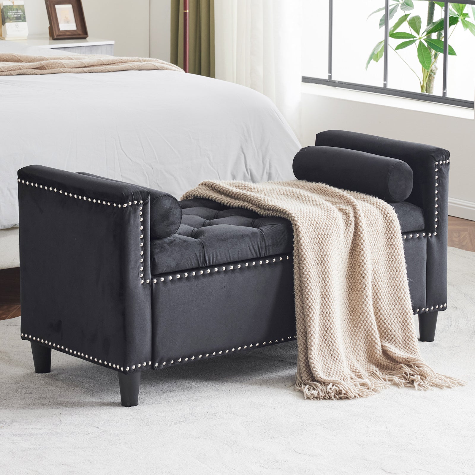 Storage Bench, 44.5-Inch Queen Velvet Button Bedside Bench, Entryway Living Room with Armrests, Nailhead Trim Black