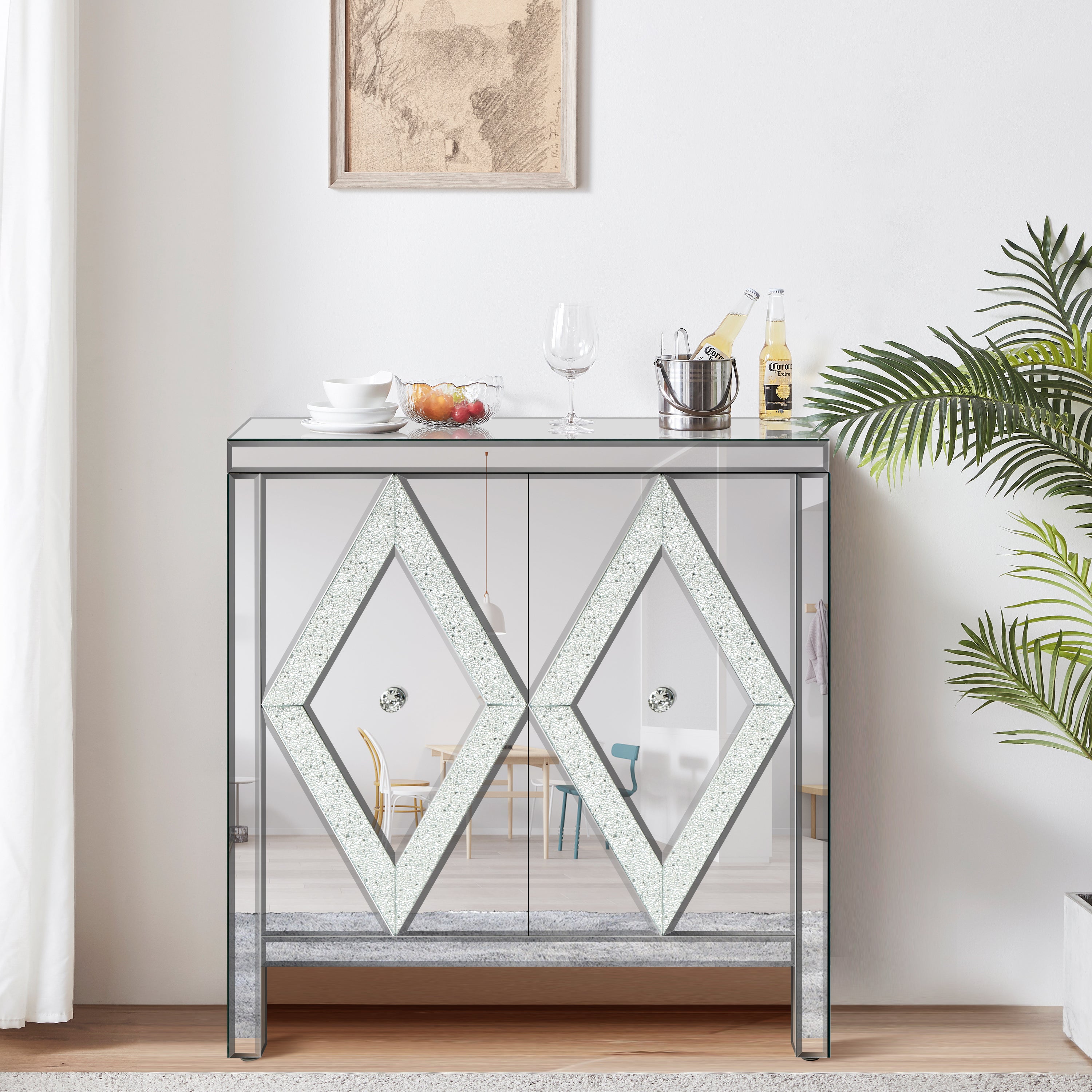 Meuble de rangement avec garniture en miroir et design en forme de losange pour salon, salle à manger, entrée et cuisine