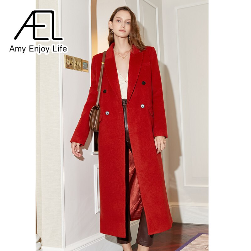Manteau long en laine rouge à double boutonnage, style vintage, ample