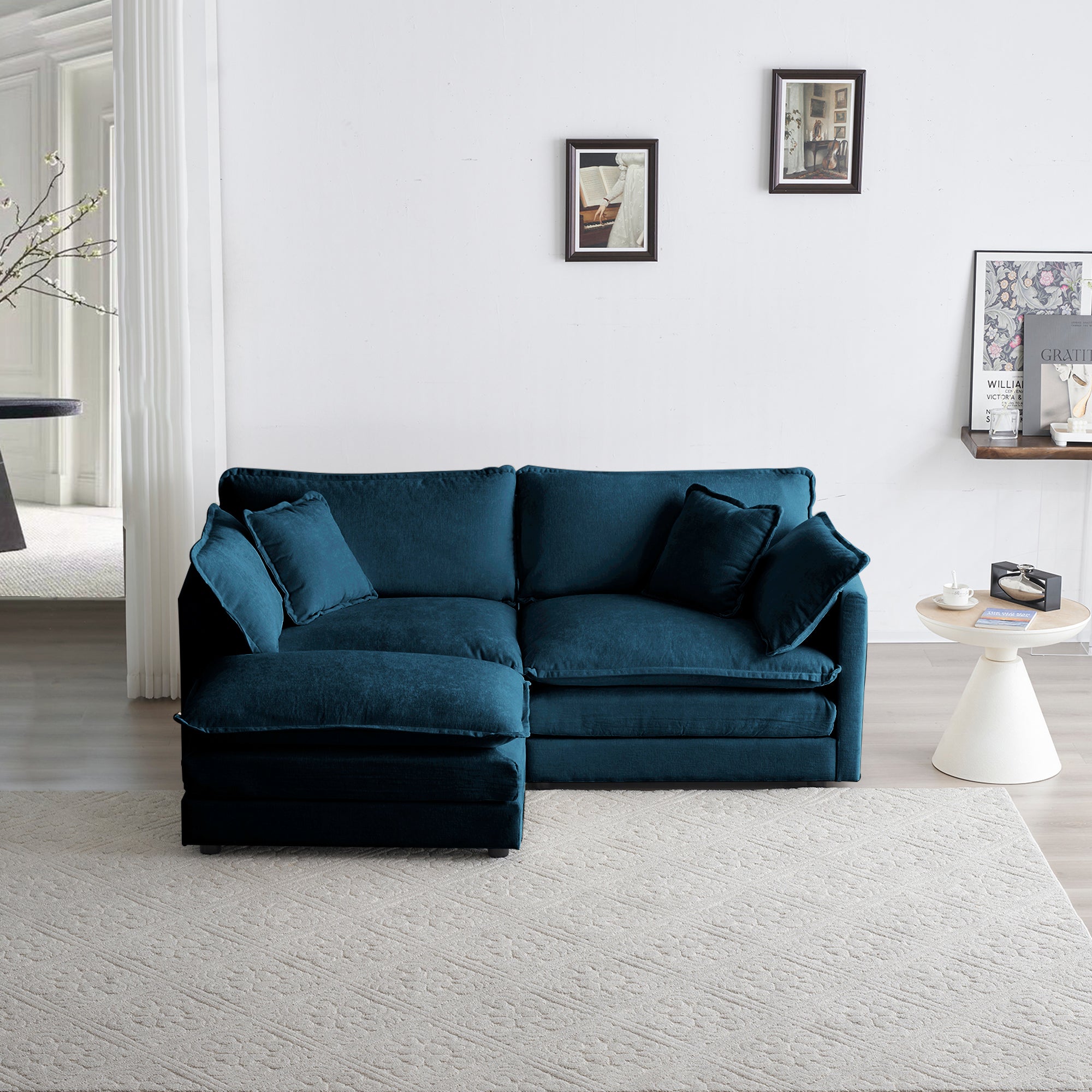 Canapé double en chenille avec 1 pédale, 2 places section en L, style ottoman bleu Chenille