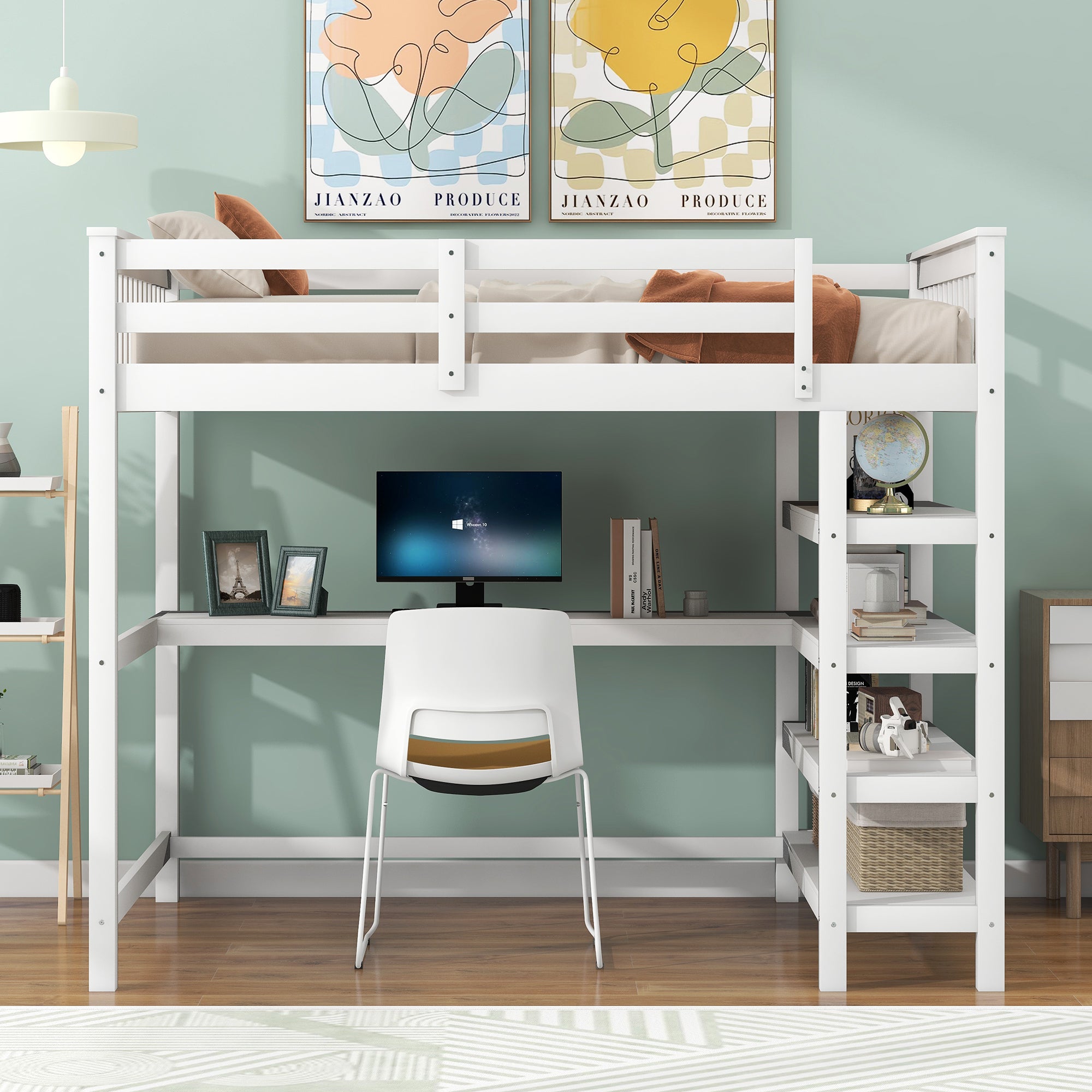 Full Size Loft Bed with Storage Shelves and Under-bed Desk White