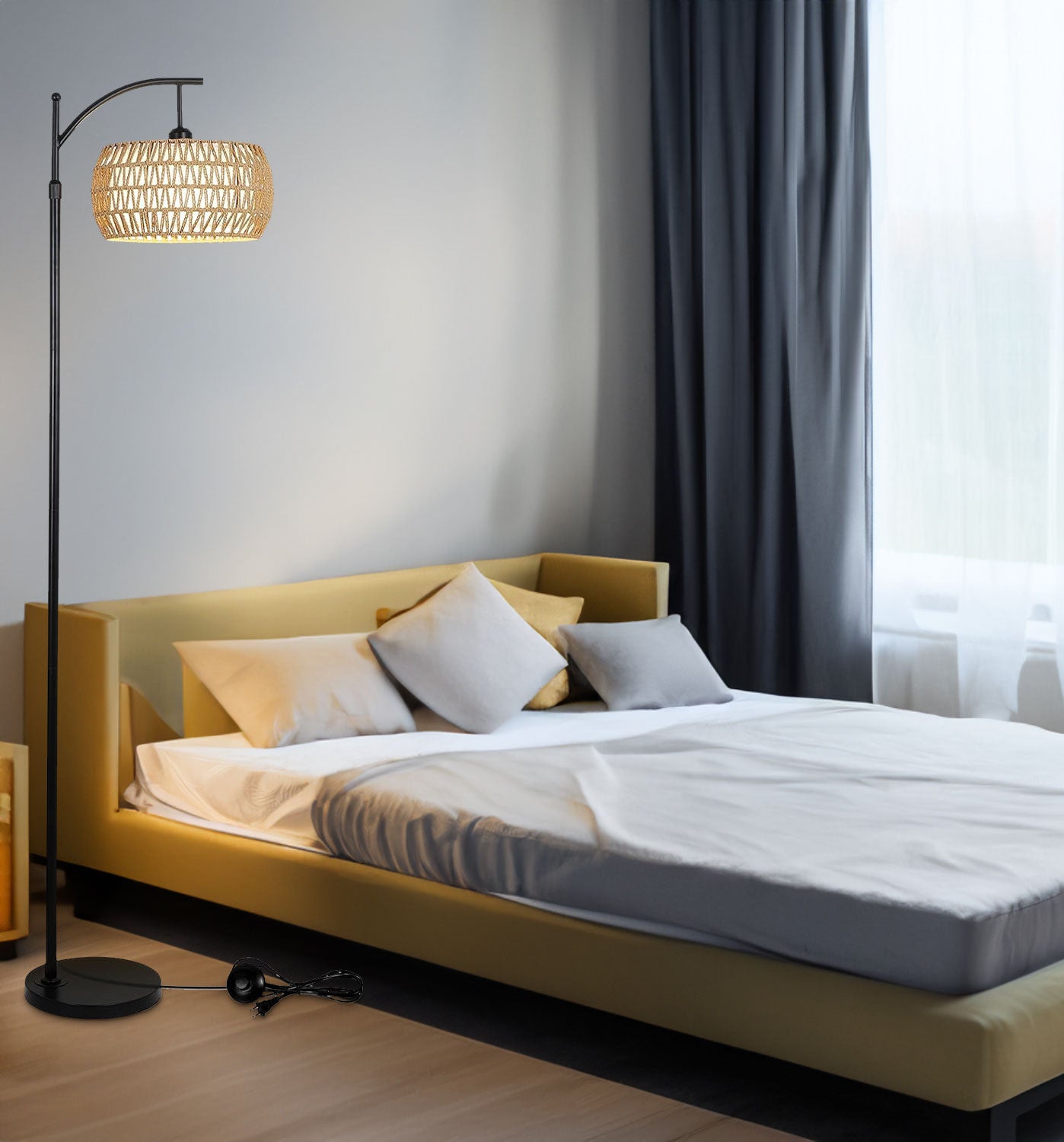 Lampadaire arc avec télécommande, lampadaire LED à intensité variable avec 3 températures de couleur, lampe à poteau haut style ferme bohème