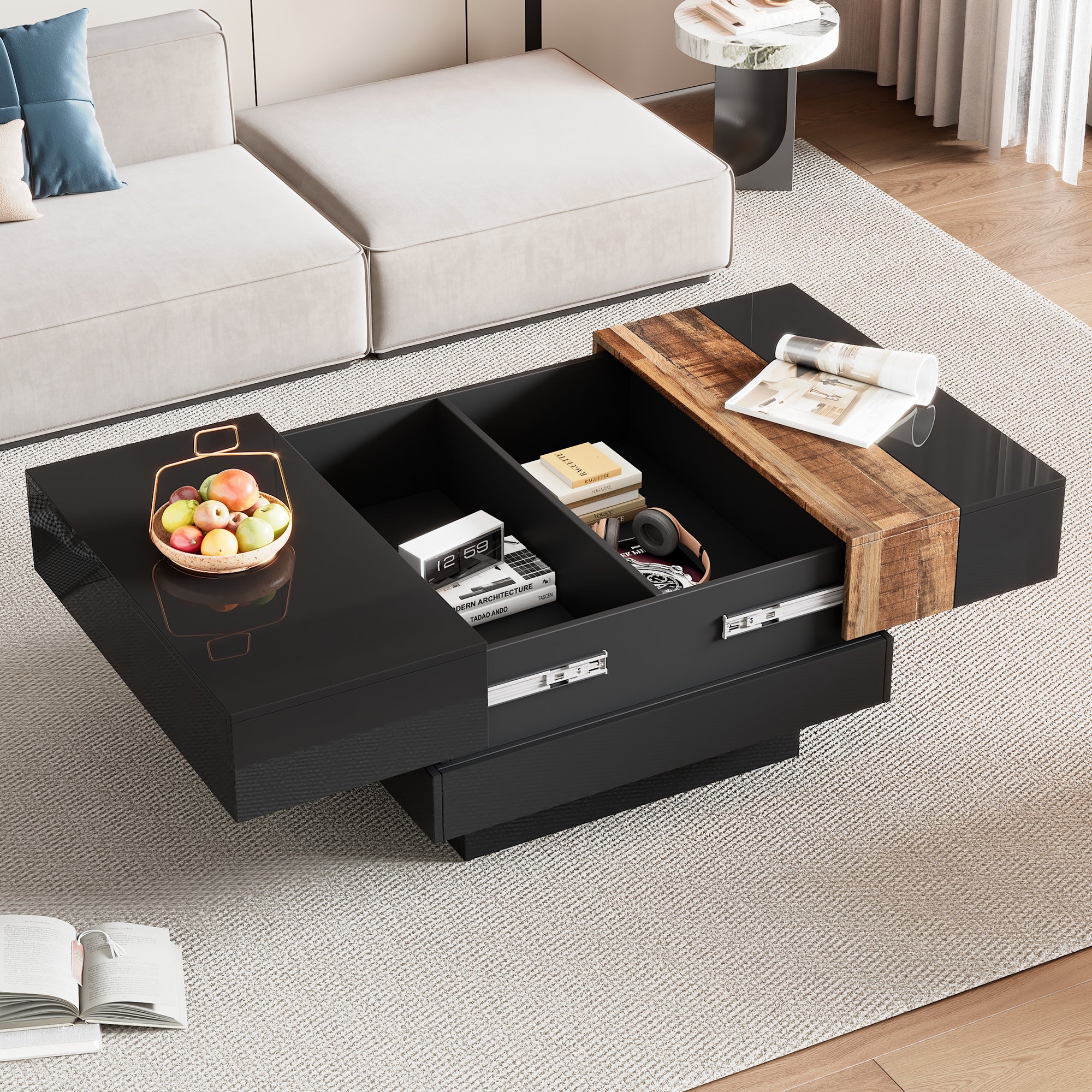 ON-TRANS 31,4 pouces x 31,4 pouces avec plateau coulissant, table centrale haute brillance, espace de rangement caché noir